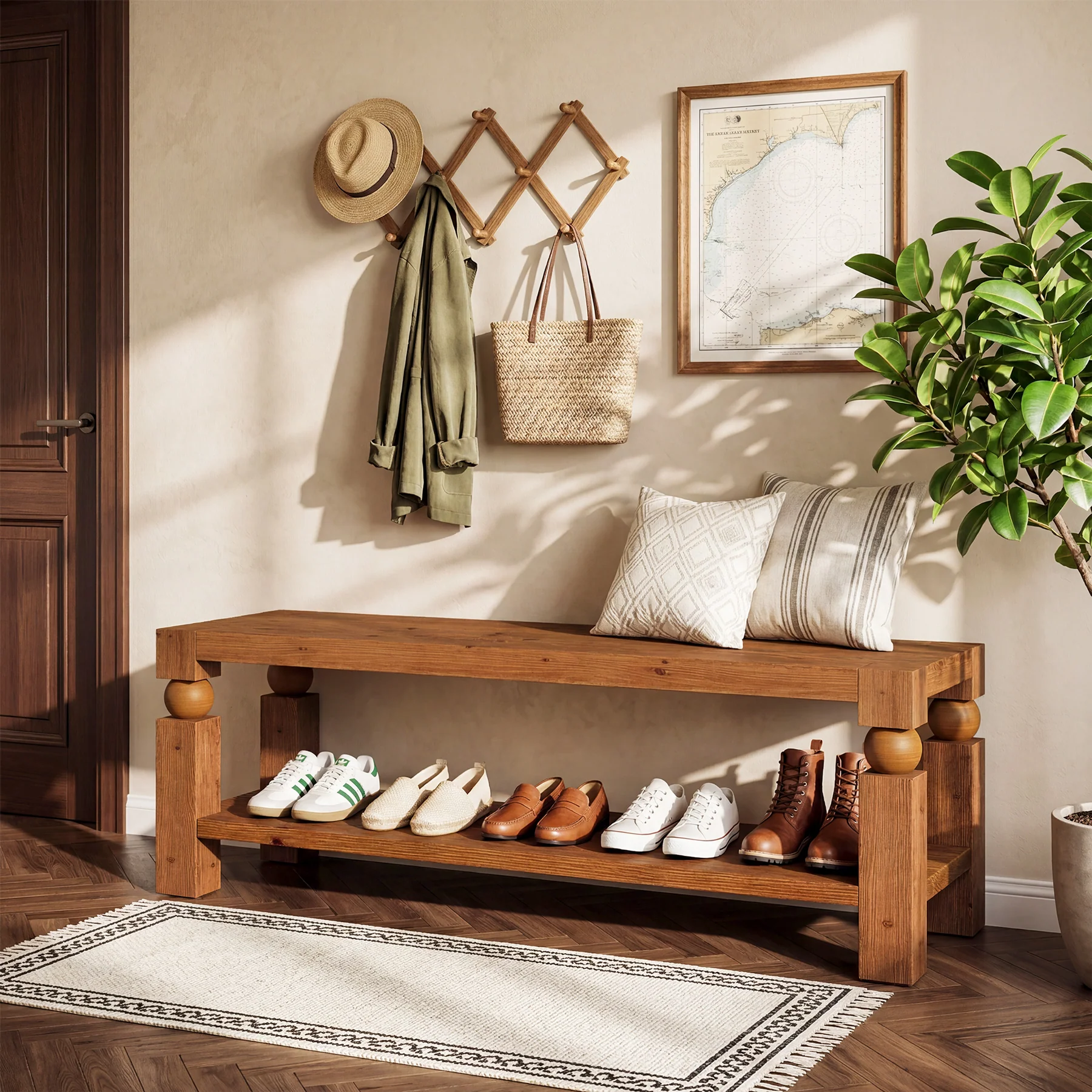 Solid Wood Entryway Bench, 47" Shoe Storage  Bench with Shelf for Hallway - Image 6