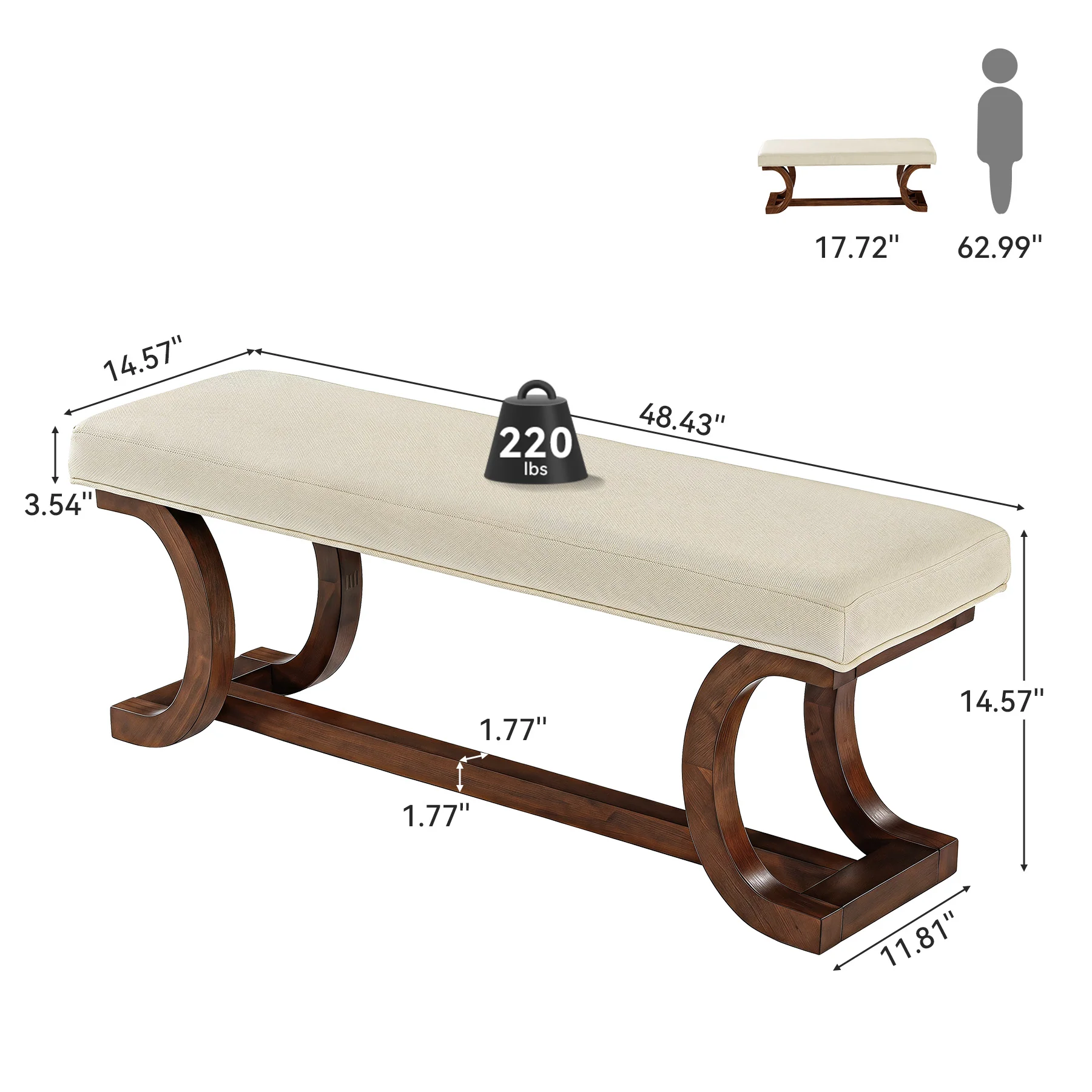 48" Upholstered Bench, Solid Wood Entryway Bench End of Bed Bench with Soft Cushion - Image 2