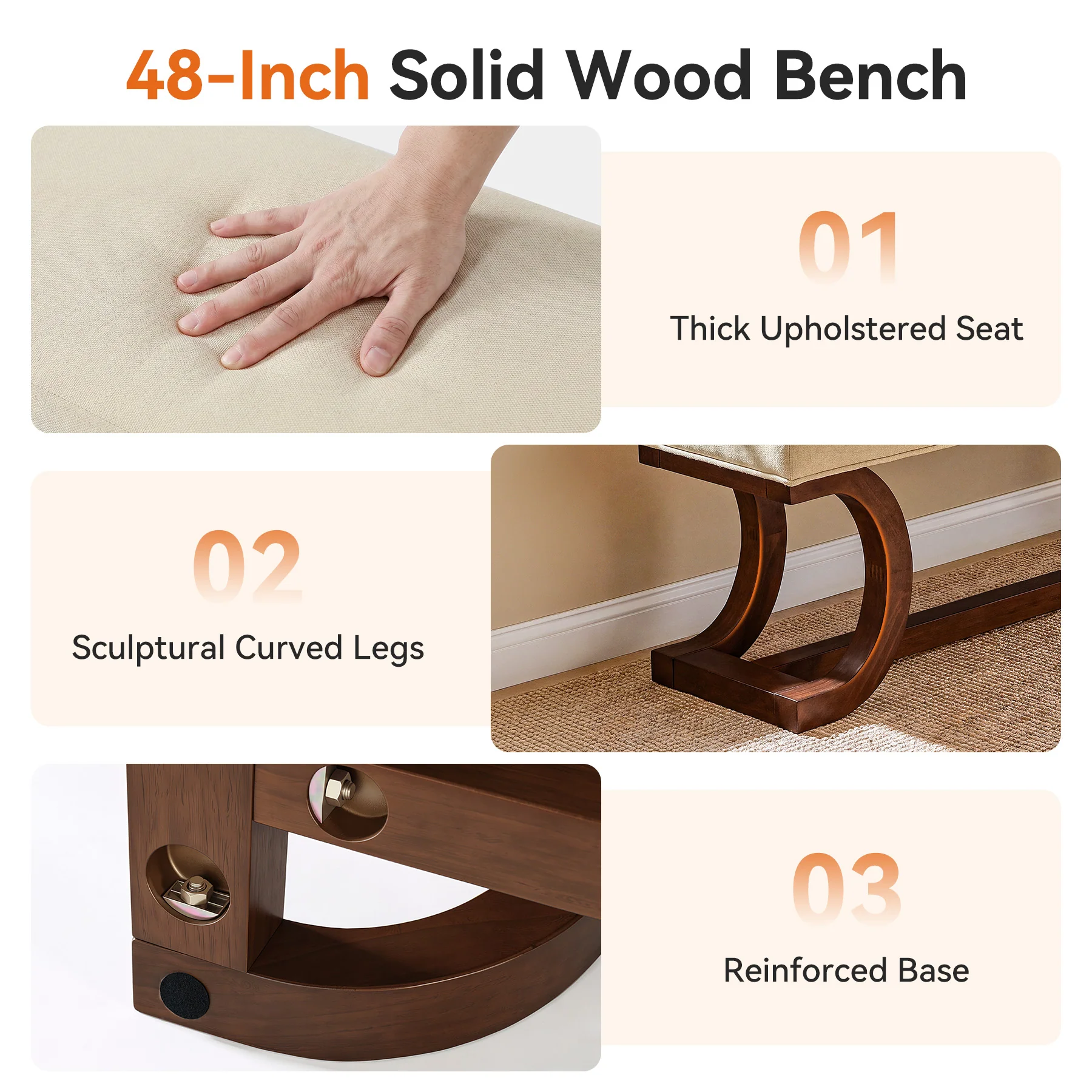 48" Upholstered Bench, Solid Wood Entryway Bench End of Bed Bench with Soft Cushion - Image 8