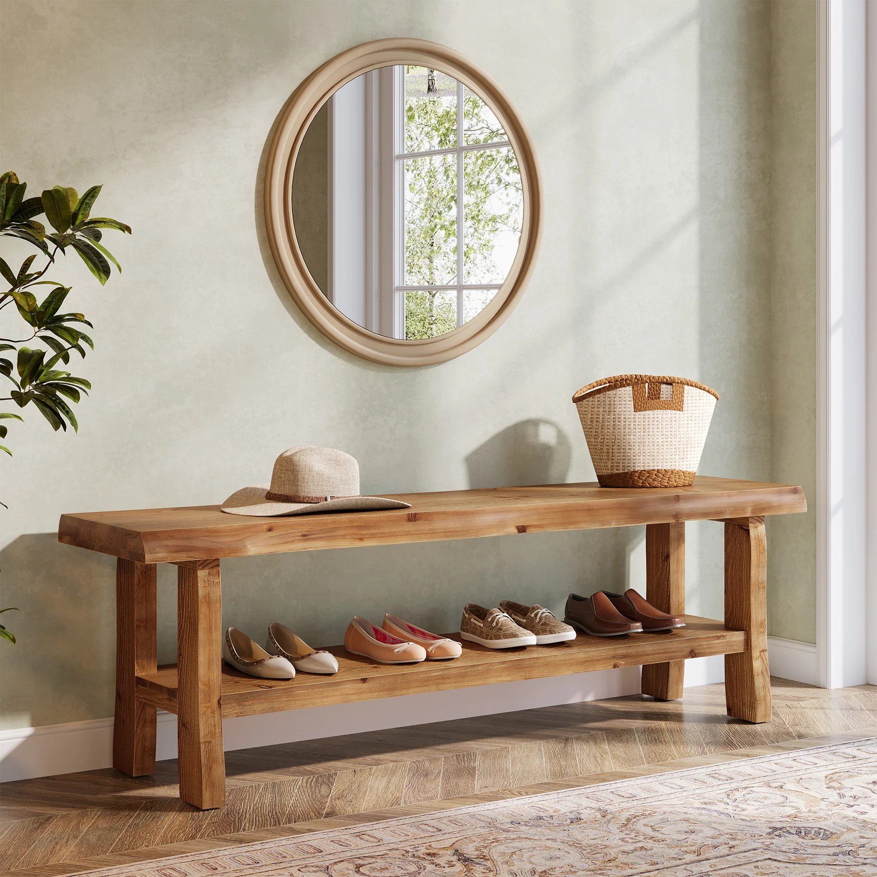 55" Shoe Bench, Solid Wood Entryway Bench End of Bed Stool with Lower Shelf - Image 4
