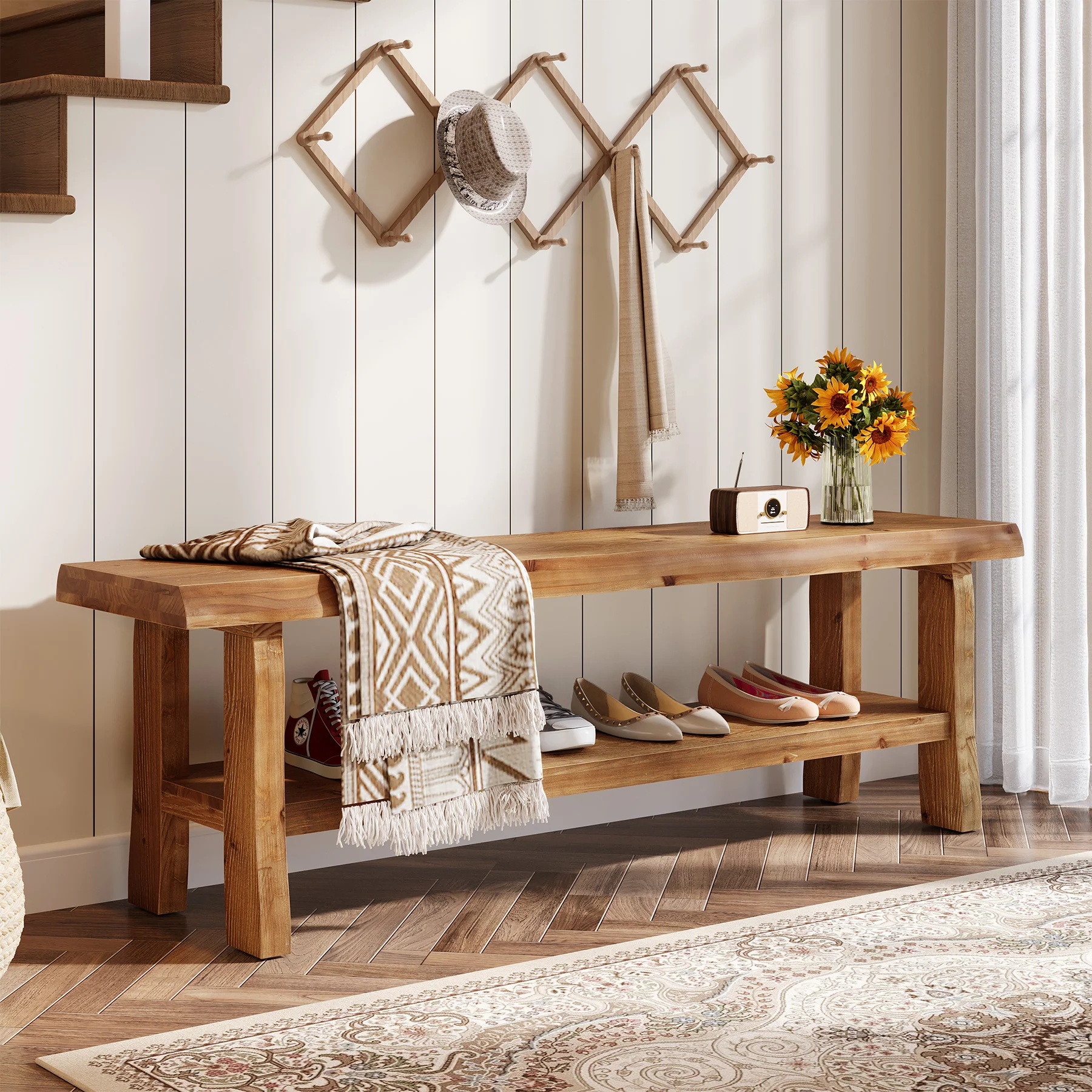 55" Shoe Bench, Solid Wood Entryway Bench End of Bed Stool with Lower Shelf - Image 6