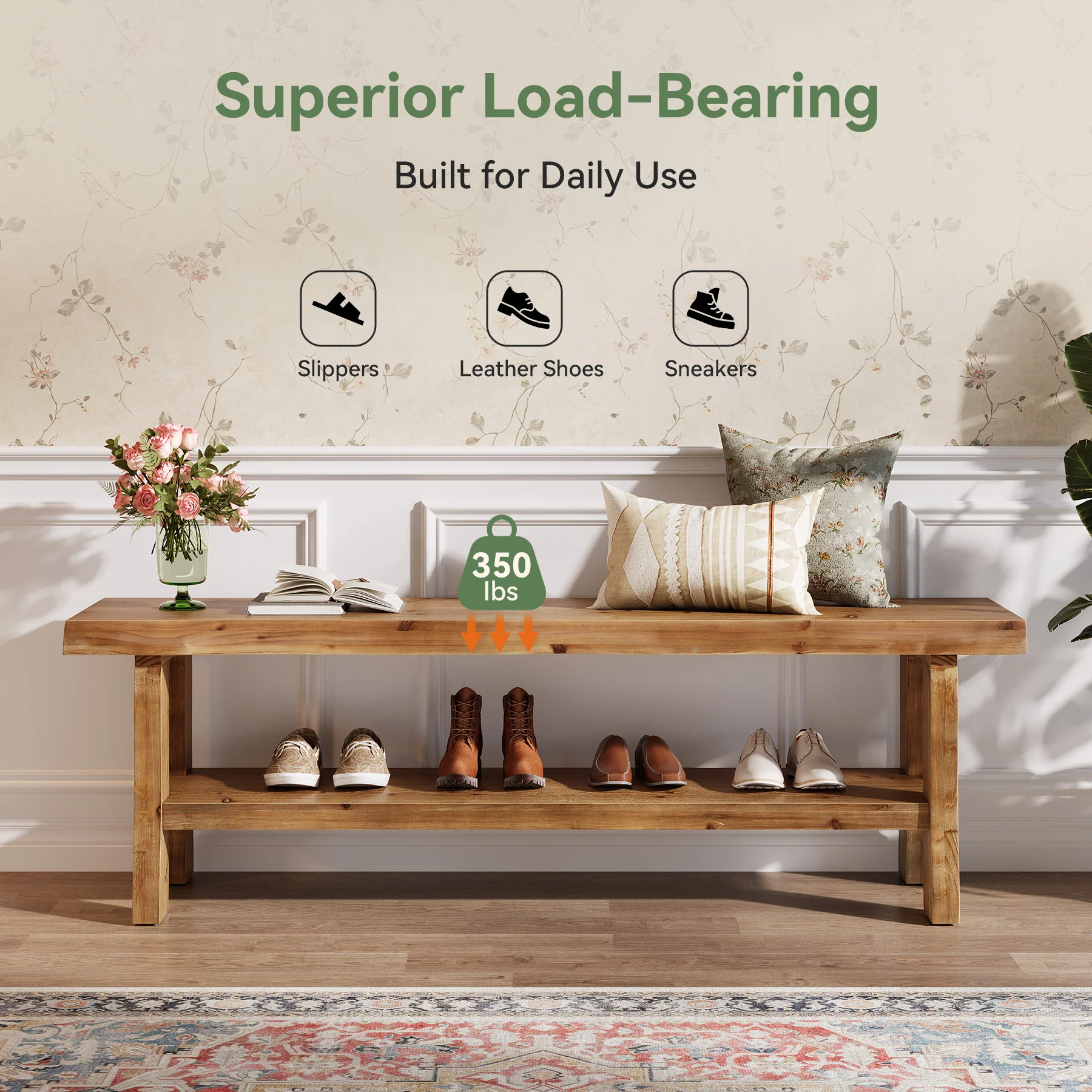 55" Shoe Bench, Solid Wood Entryway Bench End of Bed Stool with Lower Shelf - Image 7