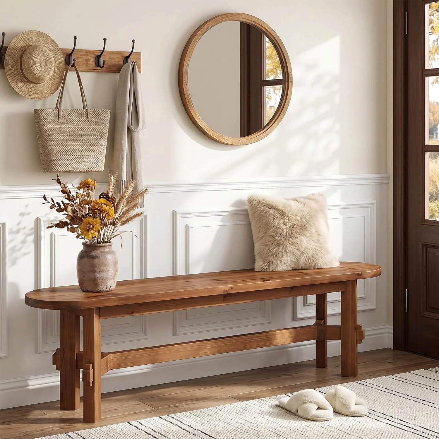 55" Solid Wood Entryway Bench, Shoe Storage Bench for Hallway & Living Room