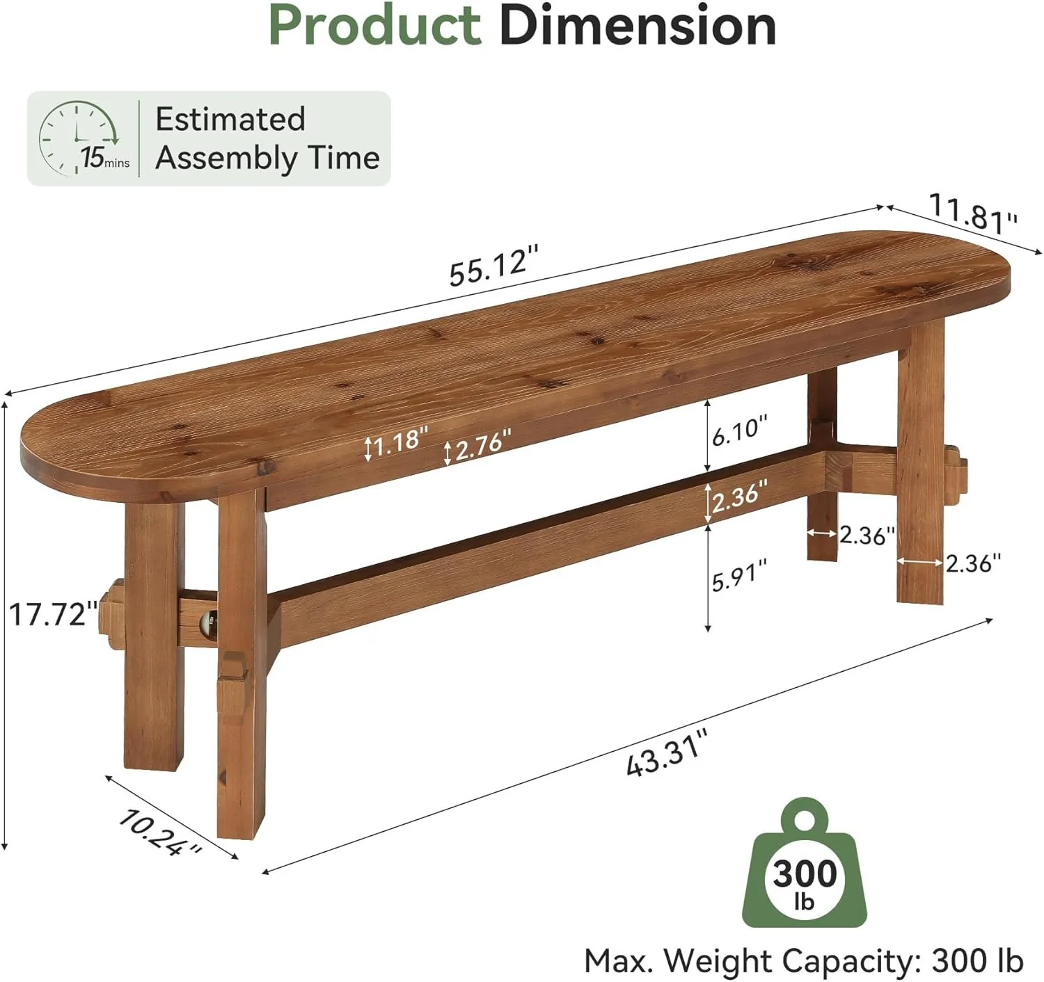 55" Solid Wood Entryway Bench, Shoe Storage Bench for Hallway & Living Room - Image 2