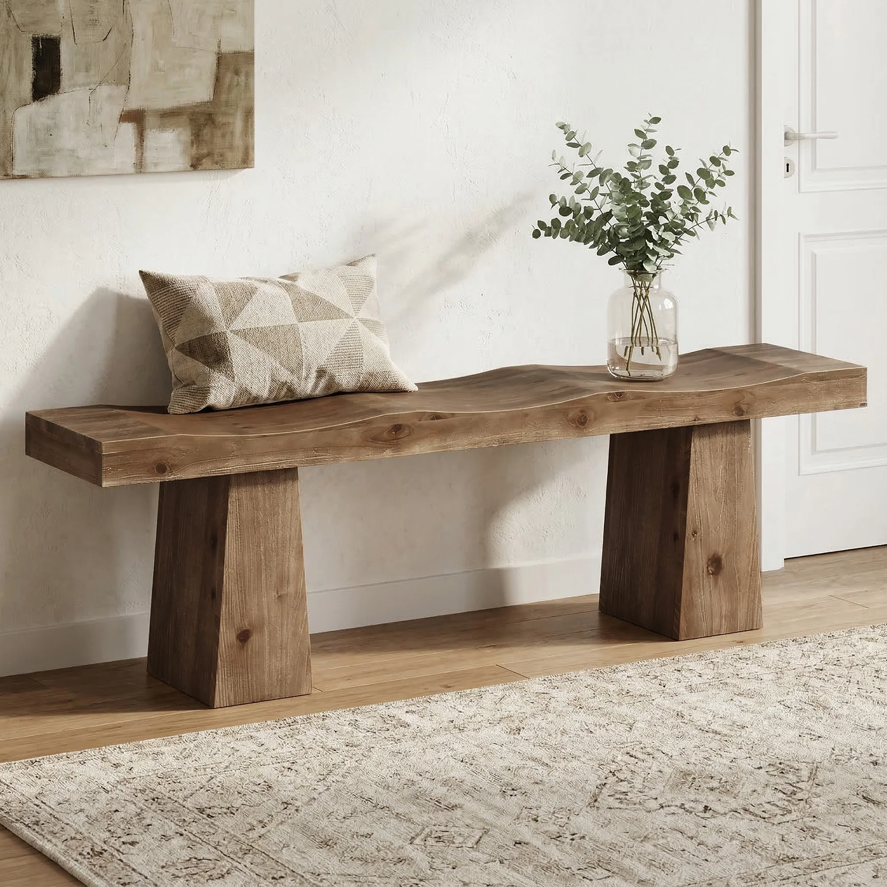 Solid Wood Entryway Bench, 59" End of Bed Bench with Wavy Edges Design