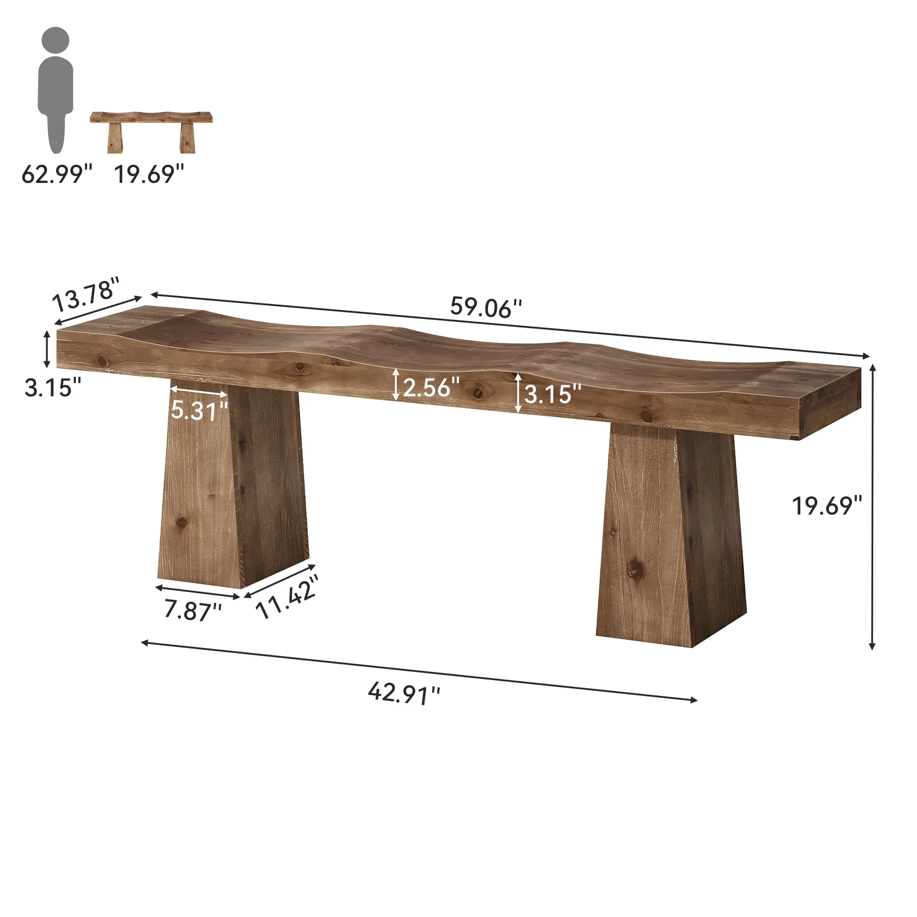 Solid Wood Entryway Bench, 59" End of Bed Bench with Wavy Edges Design - Image 2
