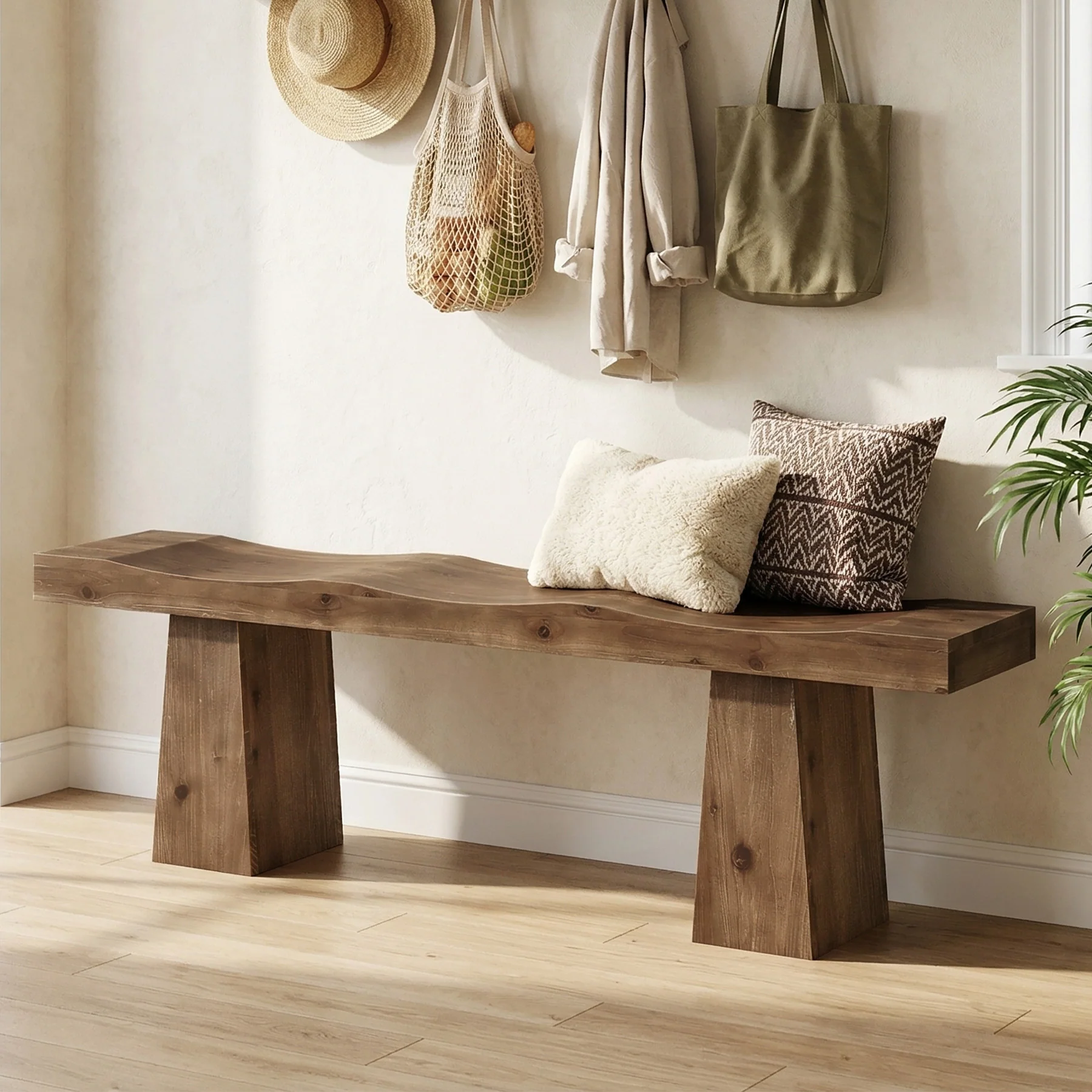 Solid Wood Entryway Bench, 59" End of Bed Bench with Wavy Edges Design - Image 3