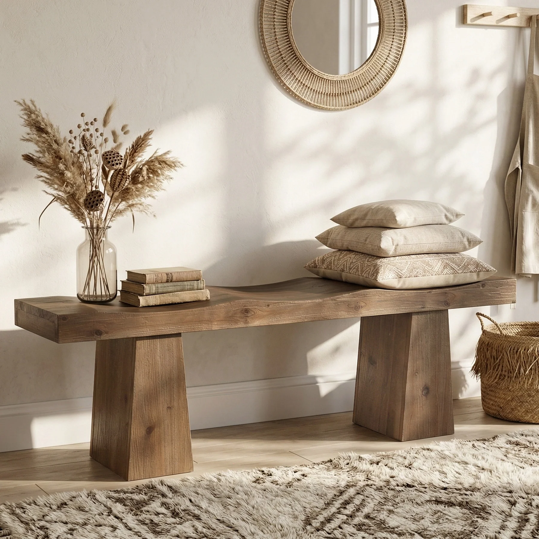 Solid Wood Entryway Bench, 59" End of Bed Bench with Wavy Edges Design - Image 4