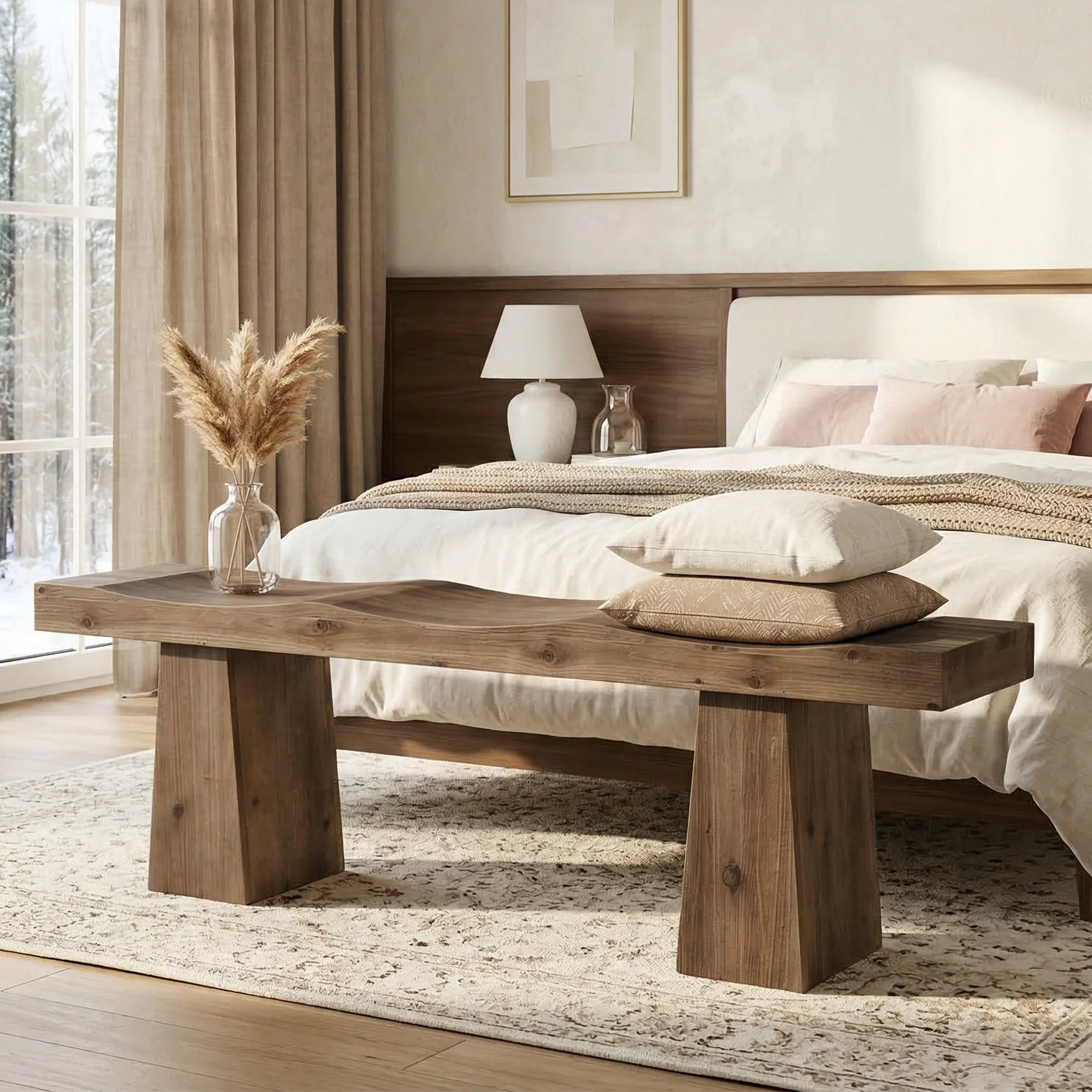 Solid Wood Entryway Bench, 59" End of Bed Bench with Wavy Edges Design - Image 5