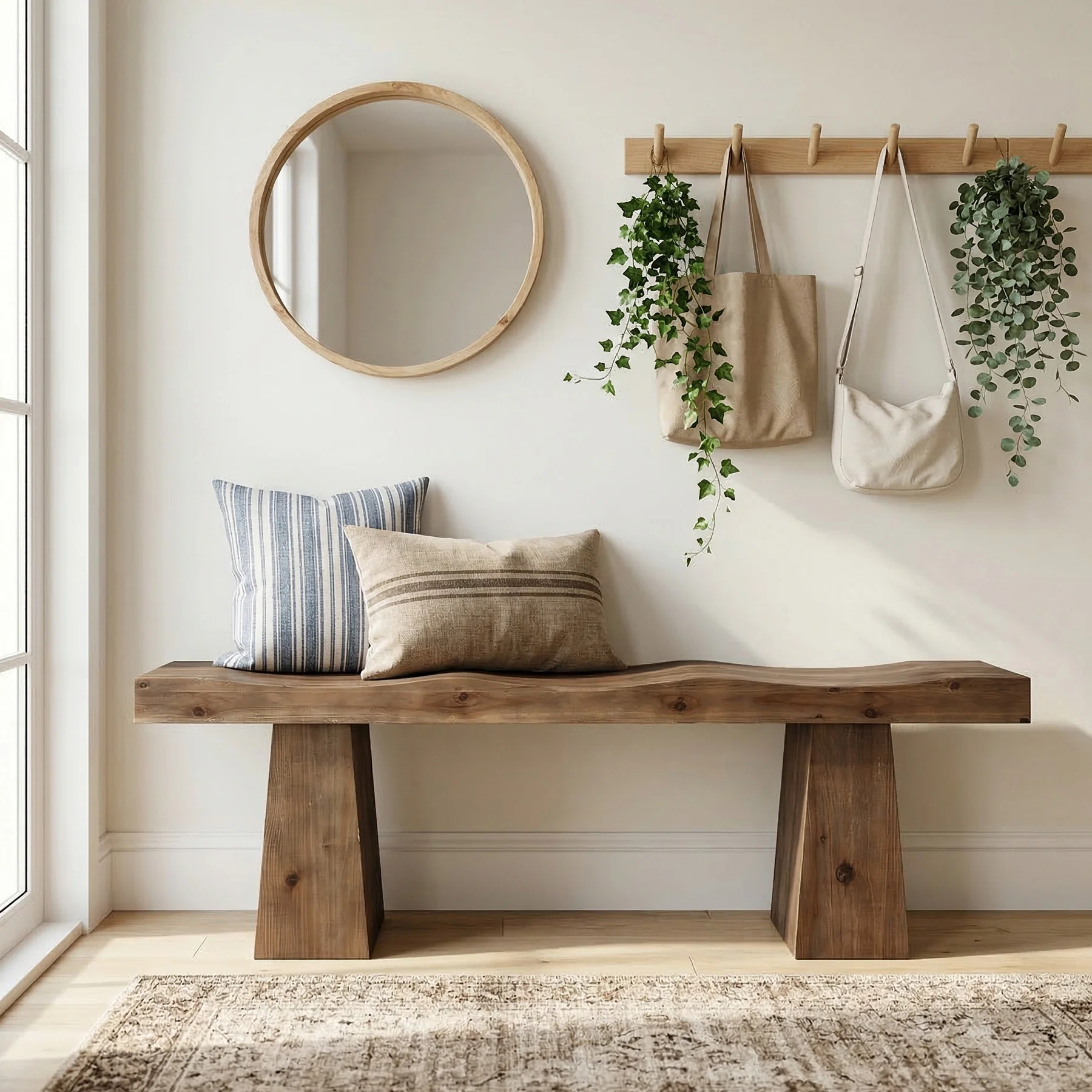 Solid Wood Entryway Bench, 59" End of Bed Bench with Wavy Edges Design - Image 6
