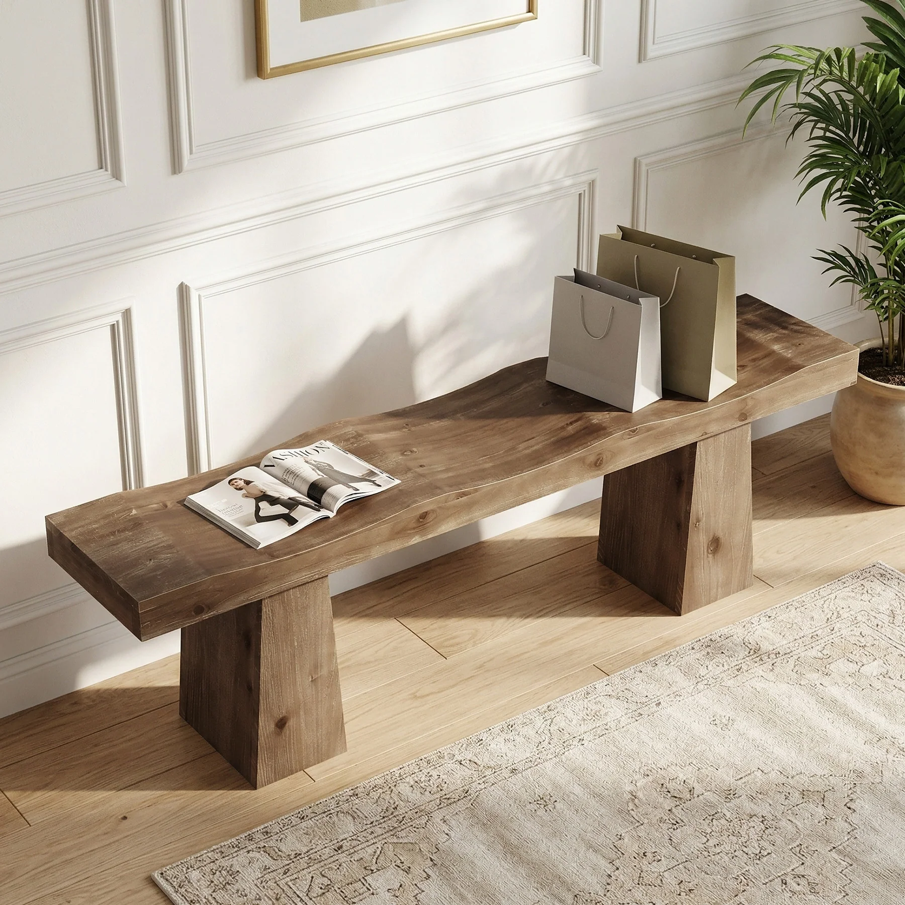 Solid Wood Entryway Bench, 59" End of Bed Bench with Wavy Edges Design - Image 7
