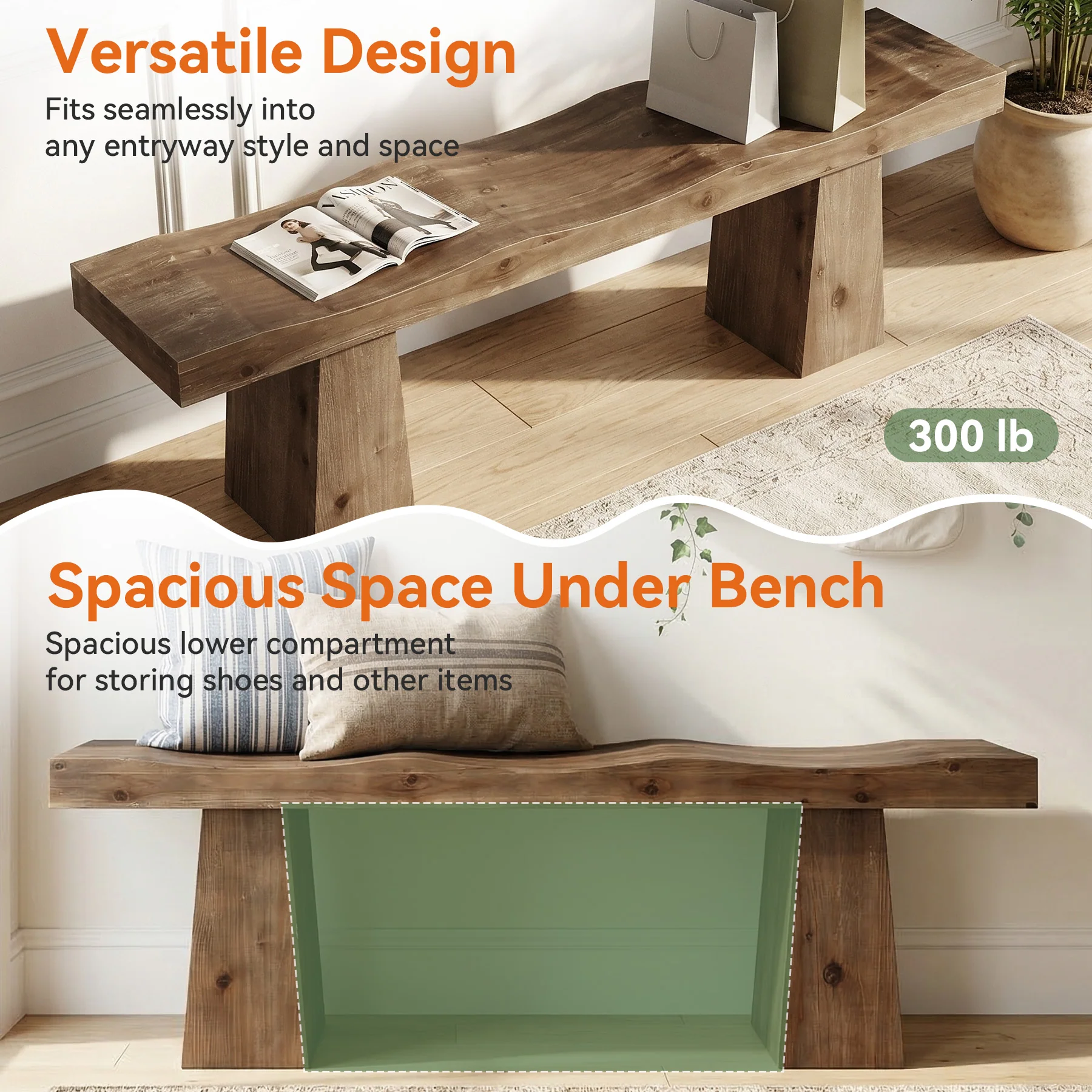 Solid Wood Entryway Bench, 59" End of Bed Bench with Wavy Edges Design - Image 8