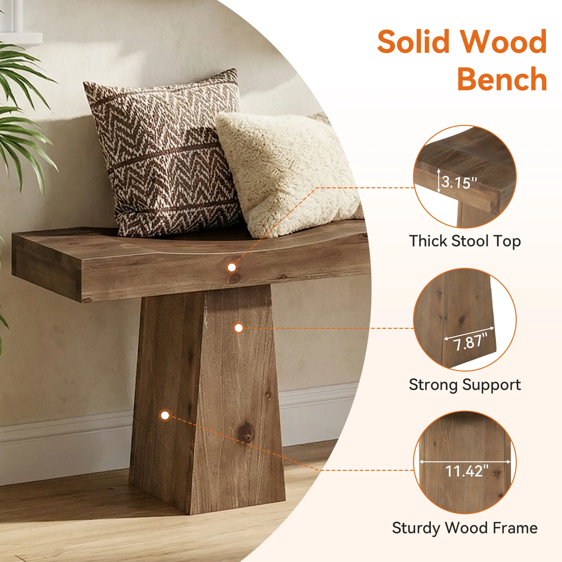 Solid Wood Entryway Bench, 59" End of Bed Bench with Wavy Edges Design - Image 9