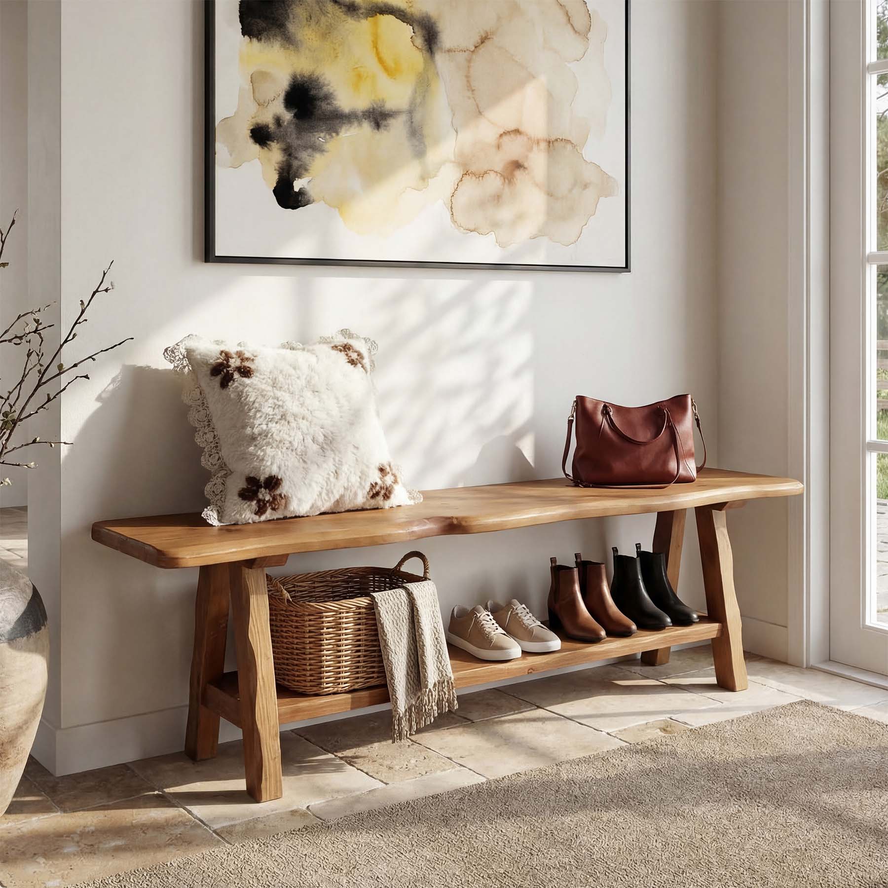 55 Inch Solid Wood Entryway Bench, Farmhouse Live Edge Bench - Image 4