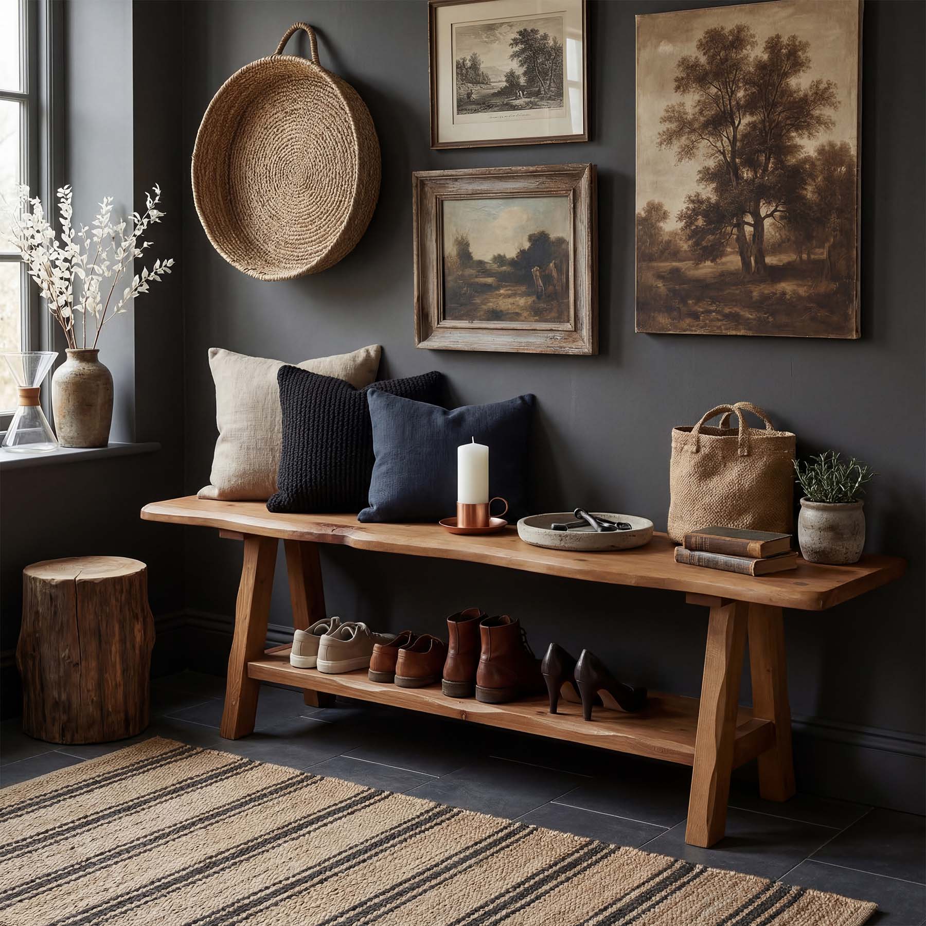 55 Inch Solid Wood Entryway Bench, Farmhouse Live Edge Bench - Image 5