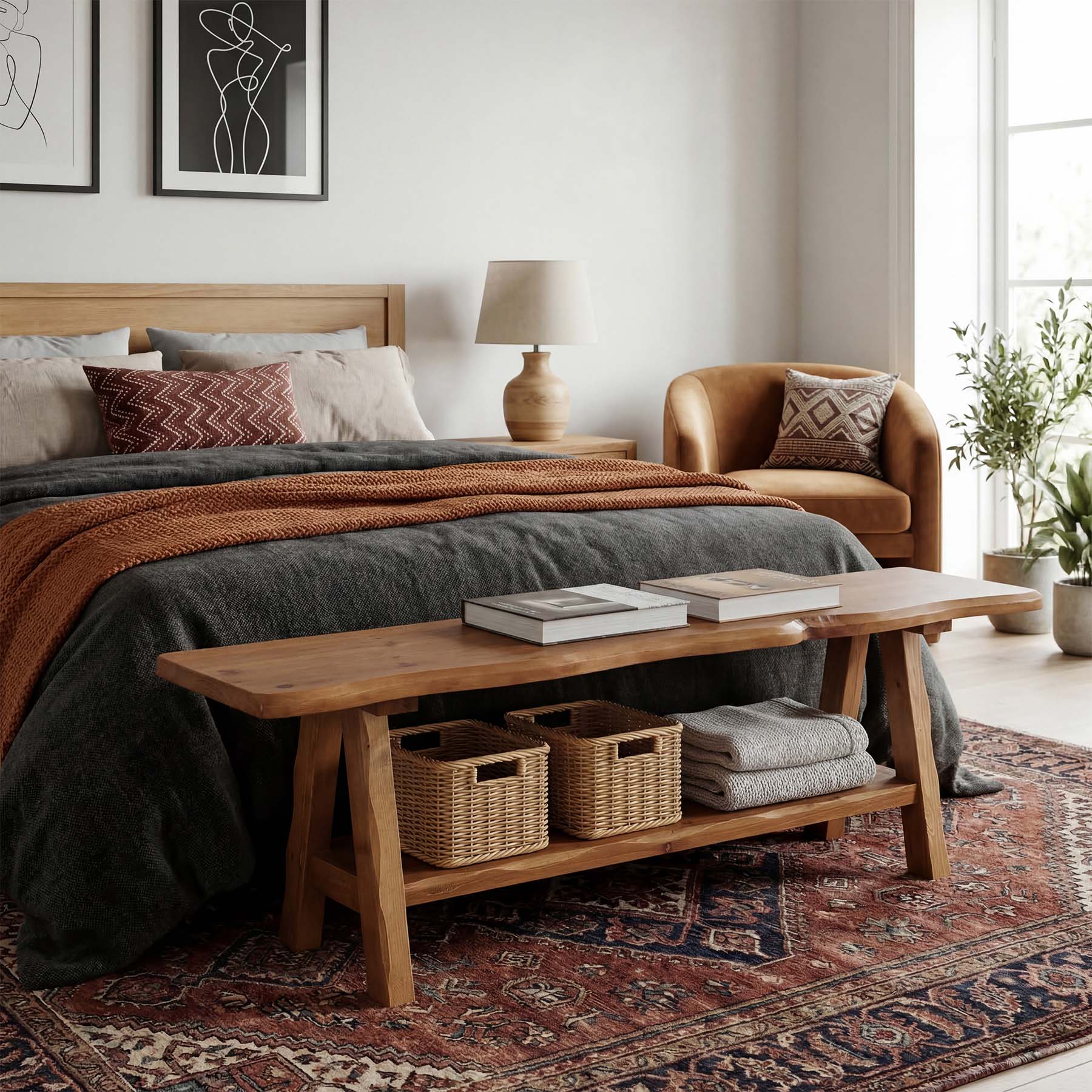 55 Inch Solid Wood Entryway Bench, Farmhouse Live Edge Bench - Image 6