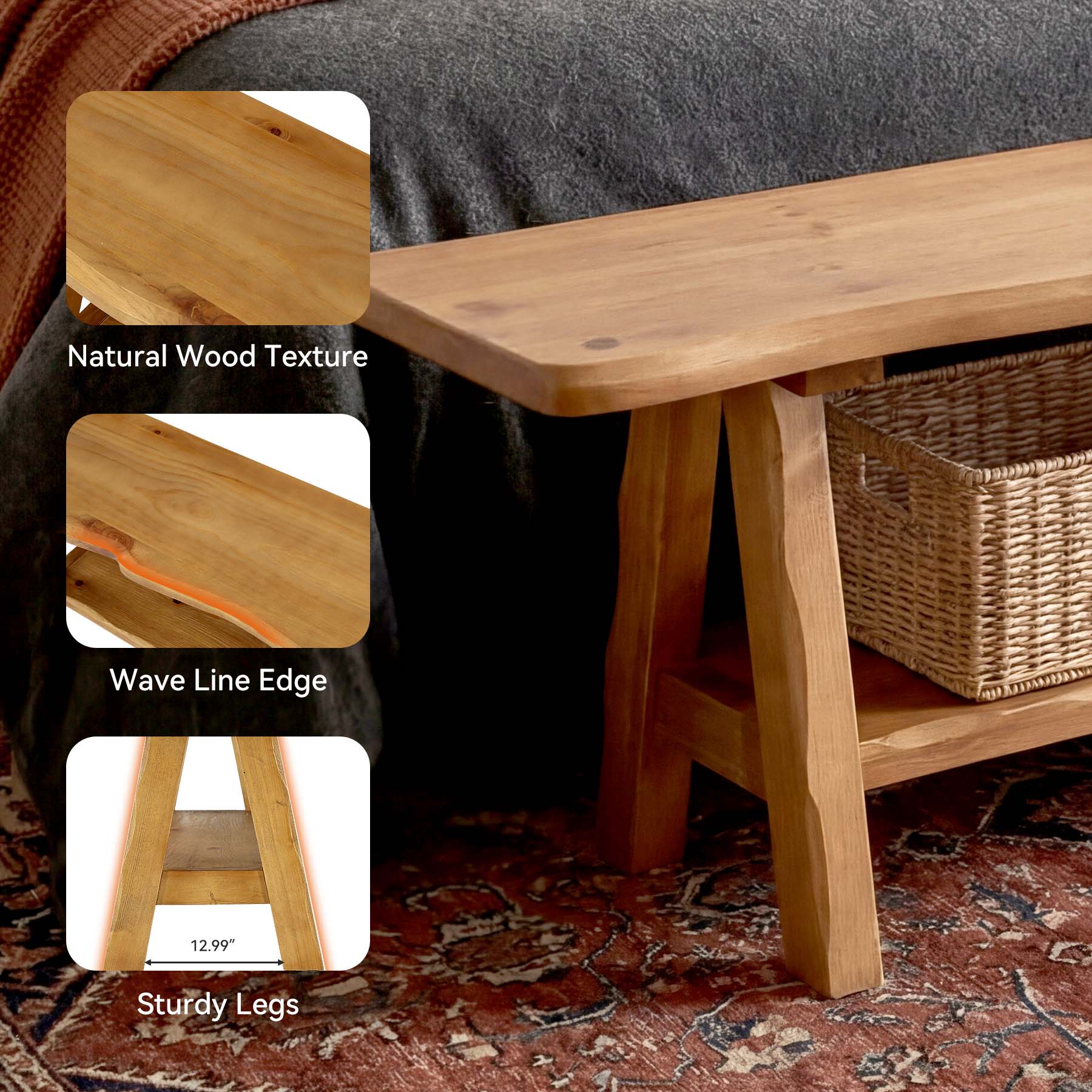 55 Inch Solid Wood Entryway Bench, Farmhouse Live Edge Bench - Image 7