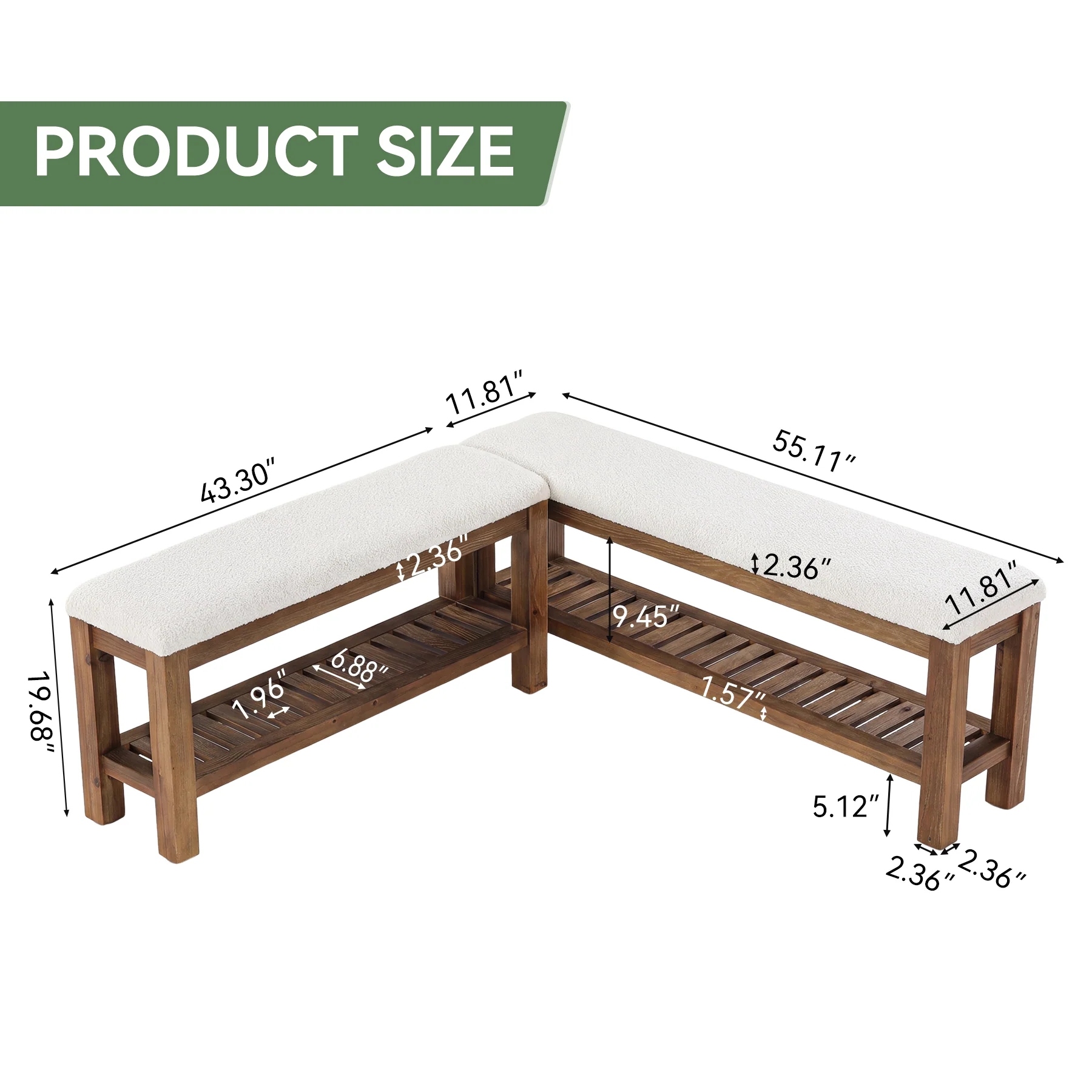 Solid Wood Entryway Bench Set, 55" L-Shaped Shoe Bench with Storage Shelf - Image 2