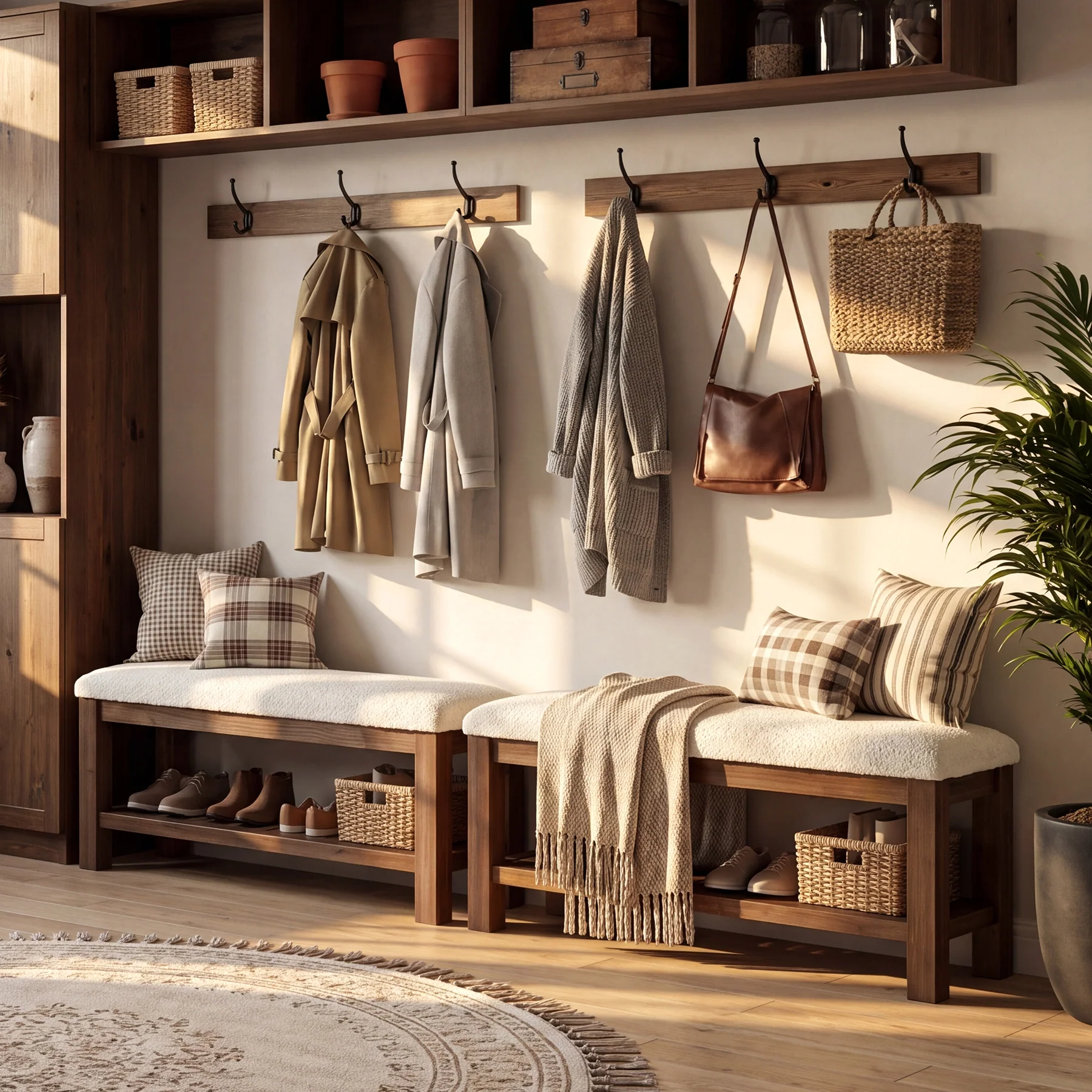 Solid Wood Entryway Bench Set, 55" L-Shaped Shoe Bench with Storage Shelf - Image 3