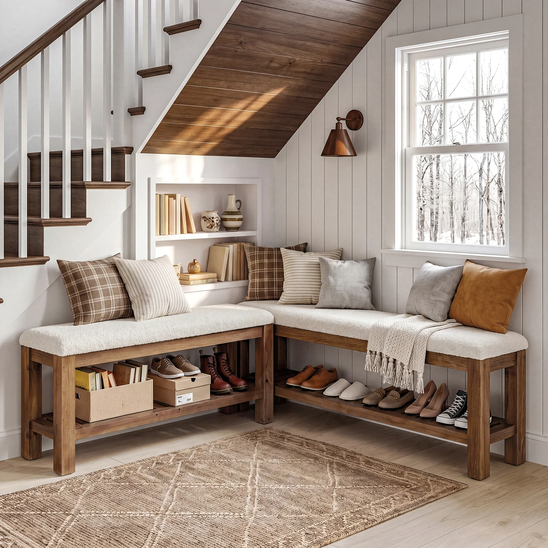 Solid Wood Entryway Bench Set, 55" L-Shaped Shoe Bench with Storage Shelf - Image 4