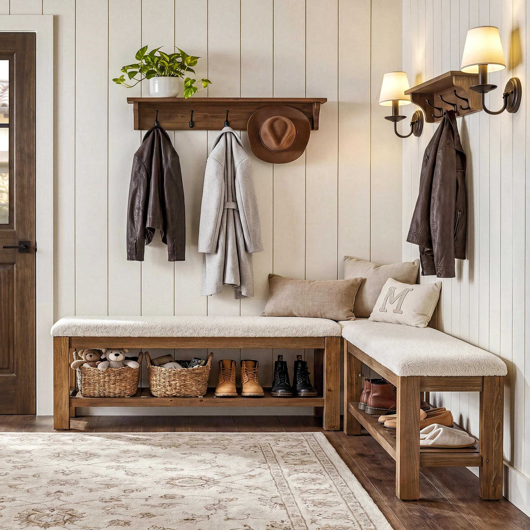 Solid Wood Entryway Bench Set, 55" L-Shaped Shoe Bench with Storage Shelf - Image 6