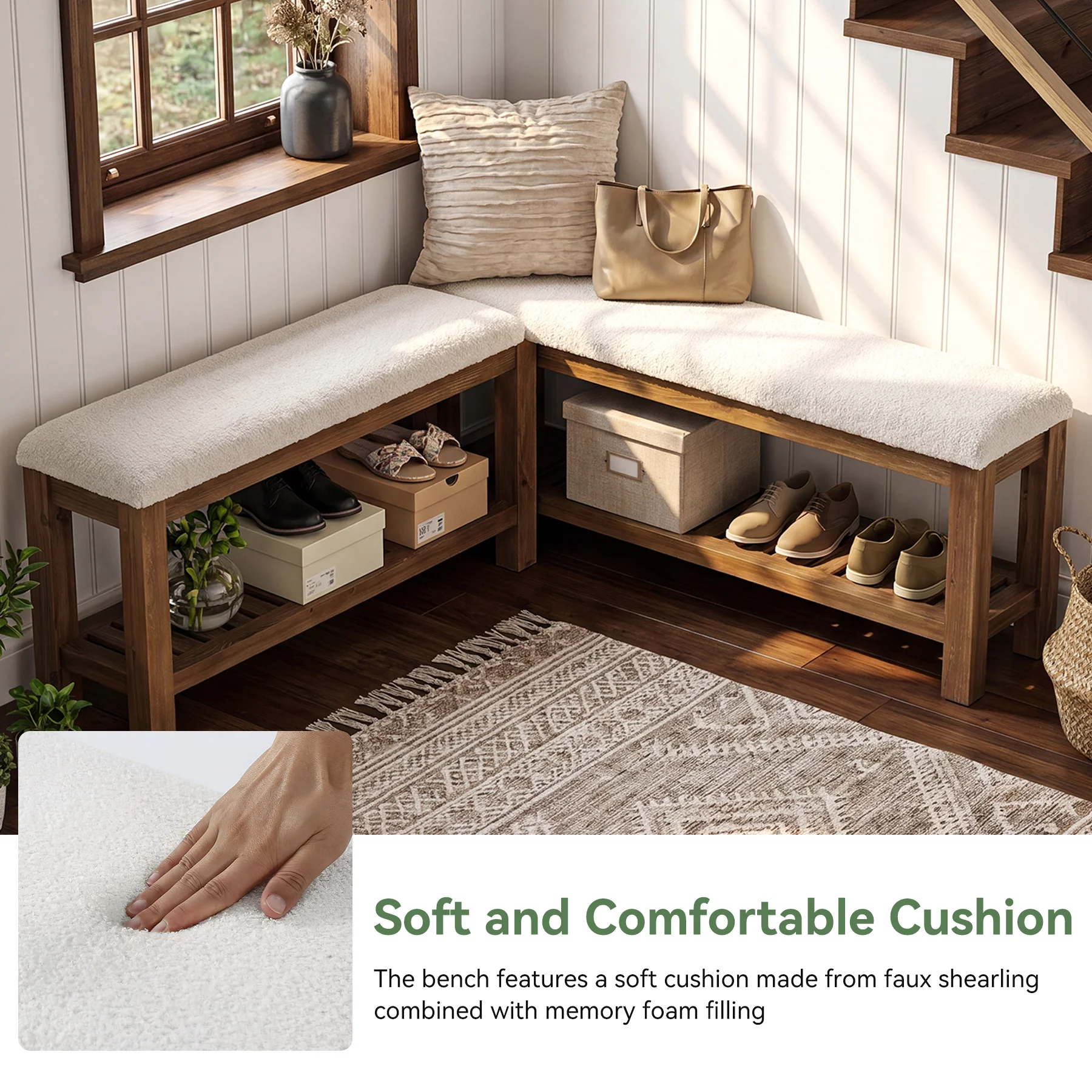 Solid Wood Entryway Bench Set, 55" L-Shaped Shoe Bench with Storage Shelf - Image 7