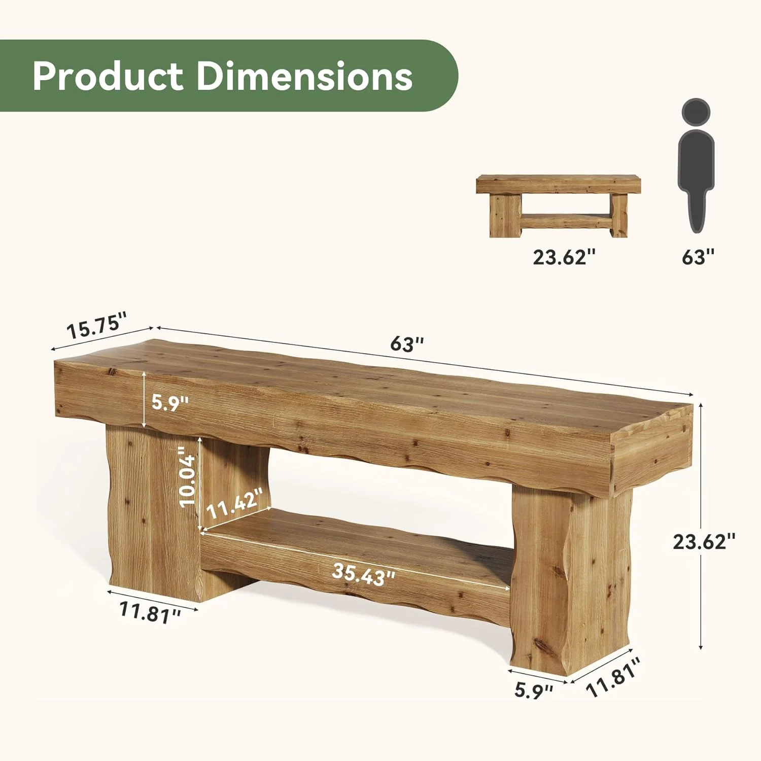 Solid Wood Entryway Shoe Bench, 63" End-of-Bed Bench with Storage Shelf - Image 2