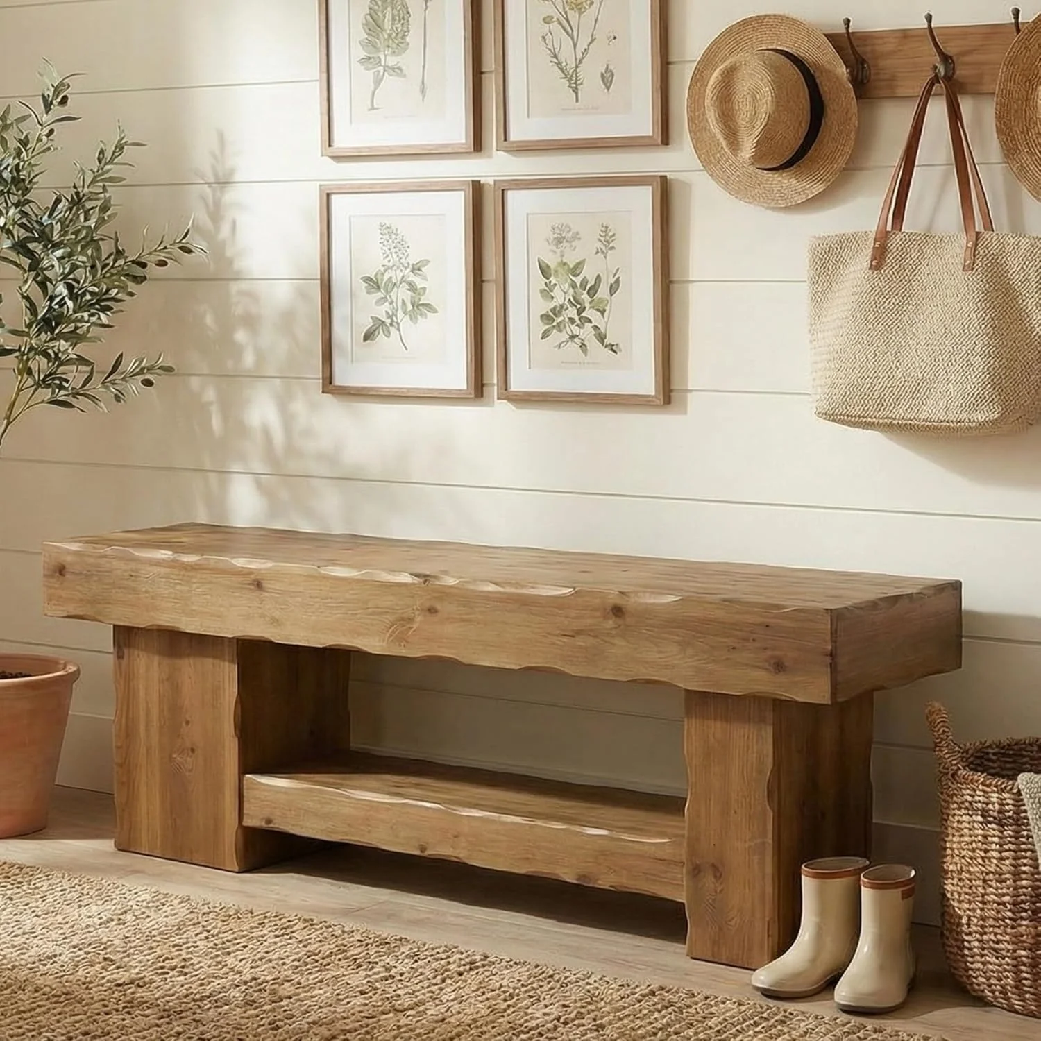 Solid Wood Entryway Shoe Bench, 63" End-of-Bed Bench with Storage Shelf - Image 3