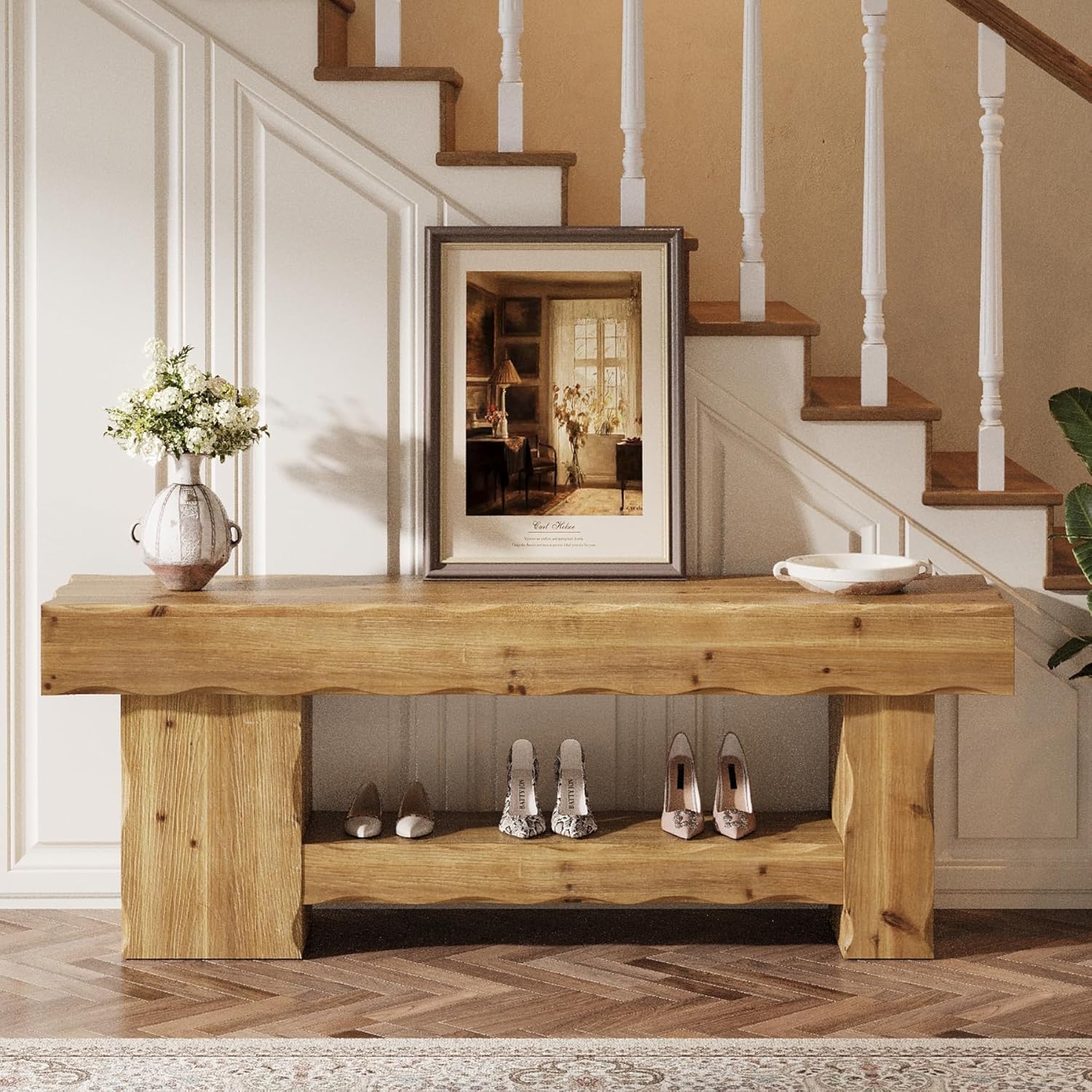 Solid Wood Entryway Shoe Bench, 63" End-of-Bed Bench with Storage Shelf - Image 4