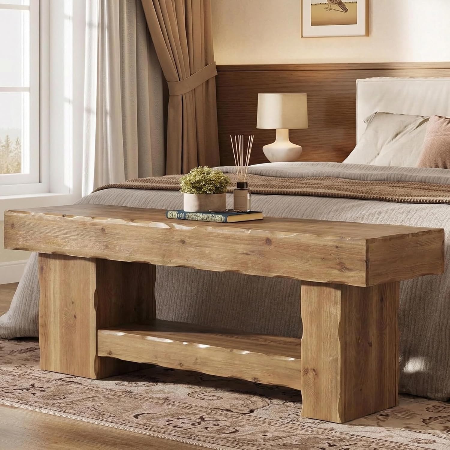 Solid Wood Entryway Shoe Bench, 63" End-of-Bed Bench with Storage Shelf - Image 5