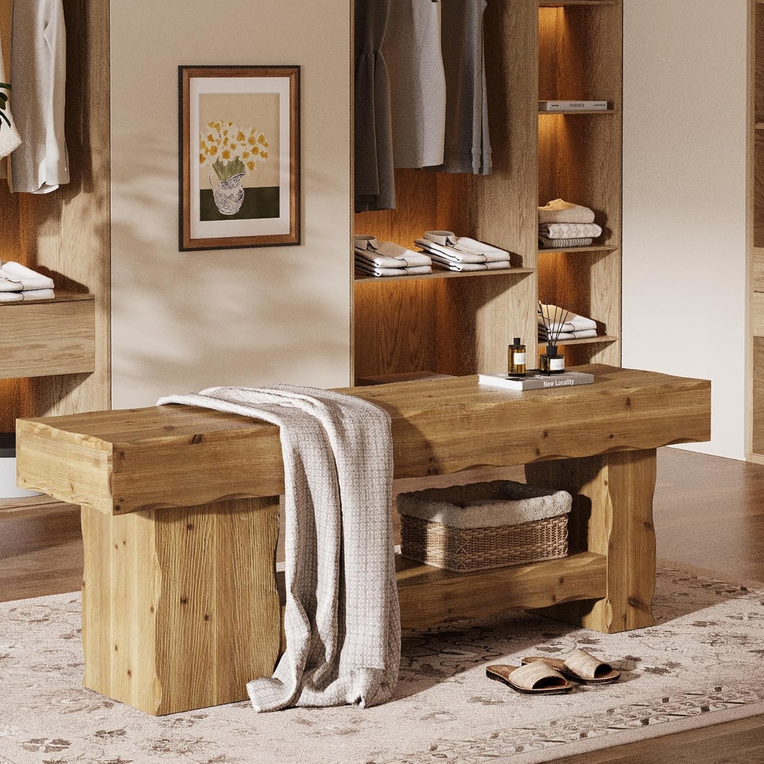 Solid Wood Entryway Shoe Bench, 63" End-of-Bed Bench with Storage Shelf - Image 6