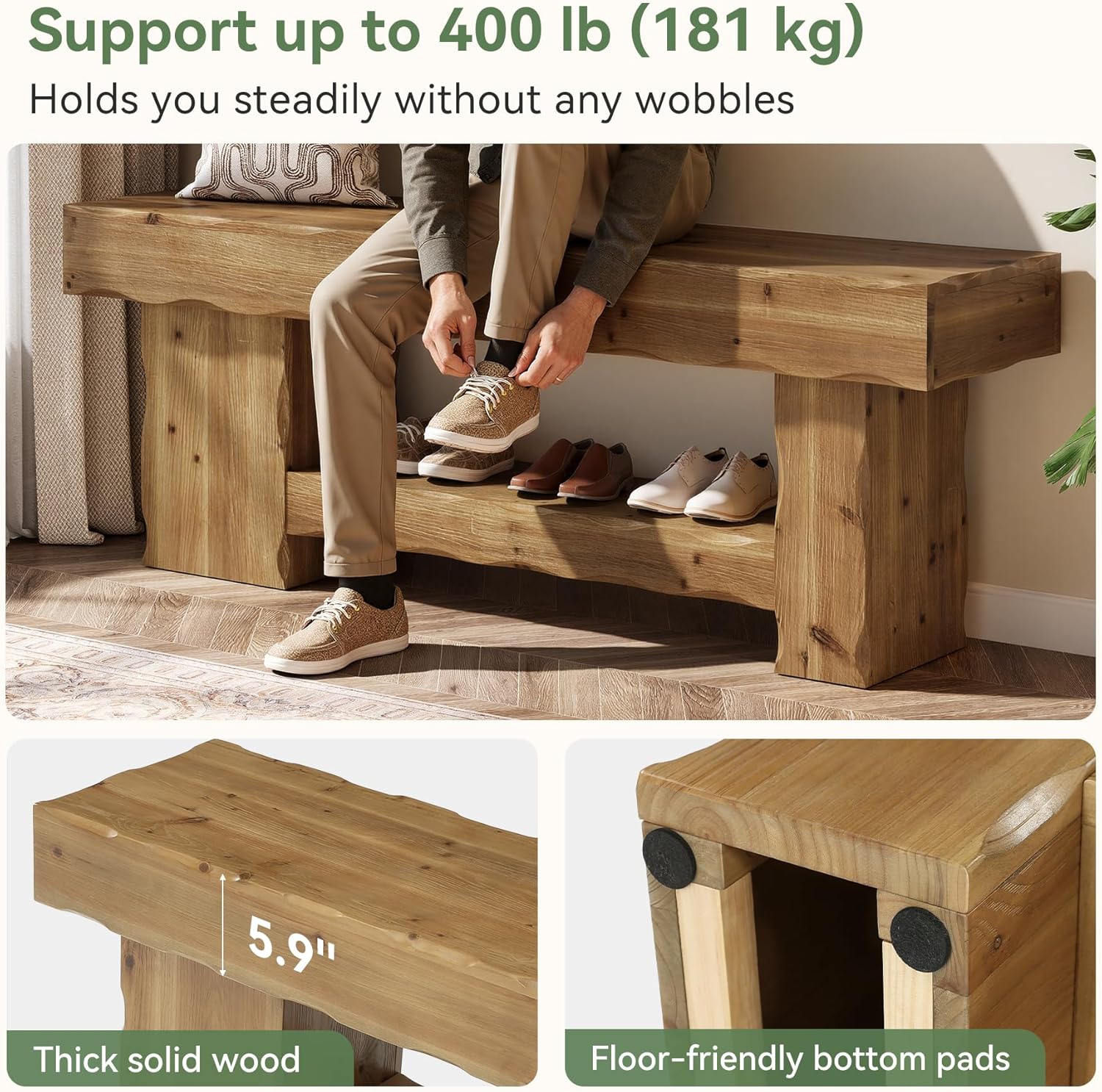 Solid Wood Entryway Shoe Bench, 63" End-of-Bed Bench with Storage Shelf - Image 7