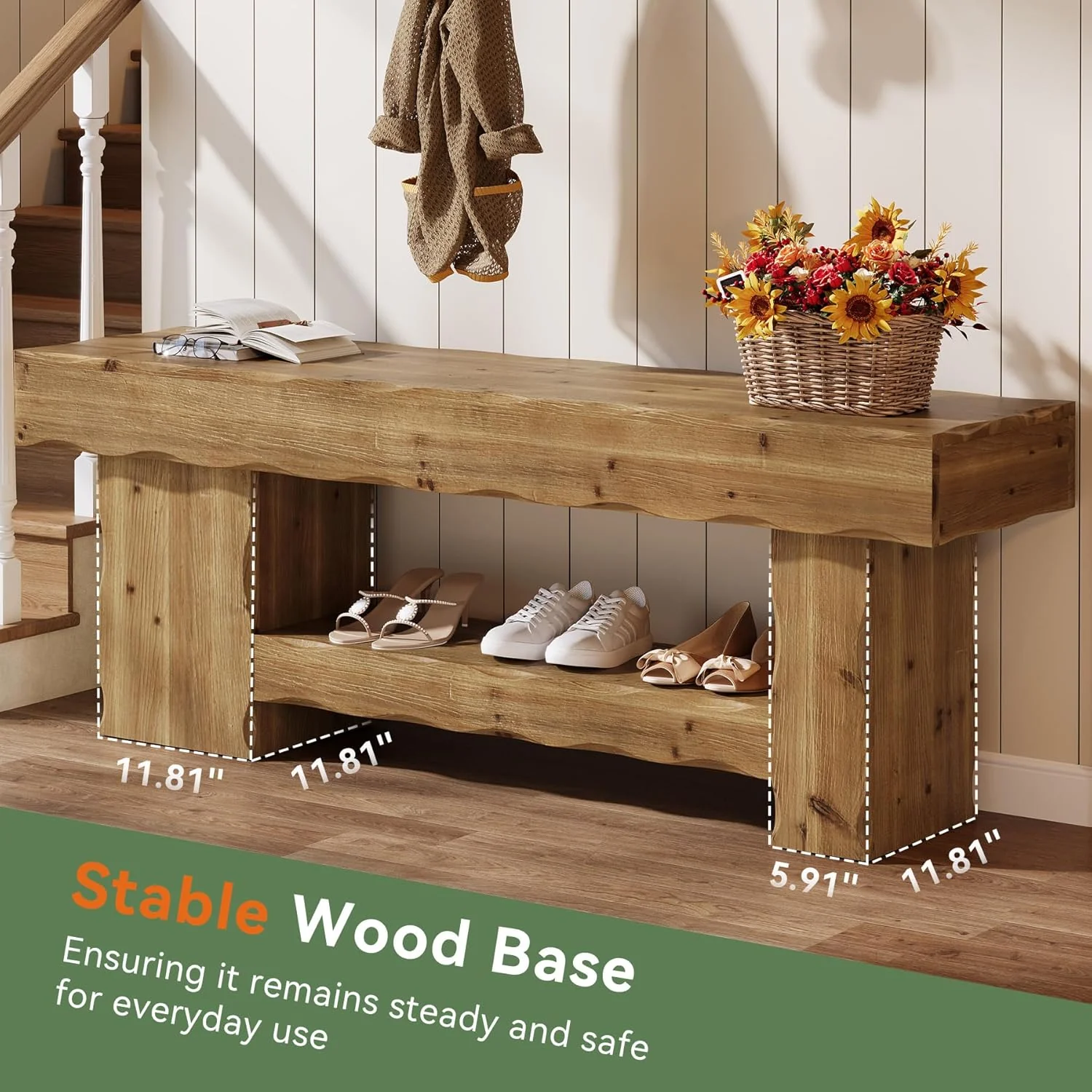 Solid Wood Entryway Shoe Bench, 63" End-of-Bed Bench with Storage Shelf - Image 8
