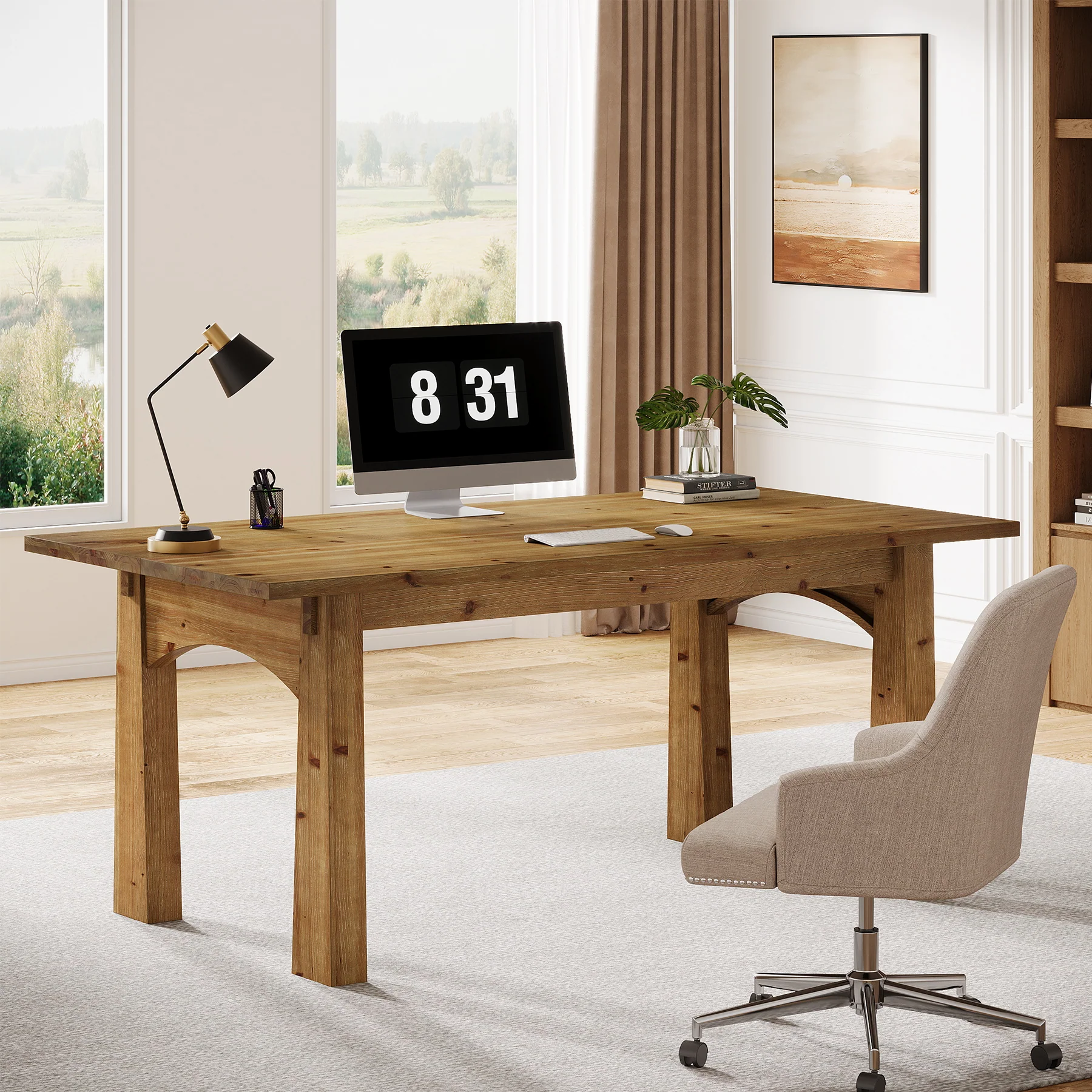 Solid Wood Executive Desk, 63" Computer Desk with Sturdy Wooden Legs - Image 3