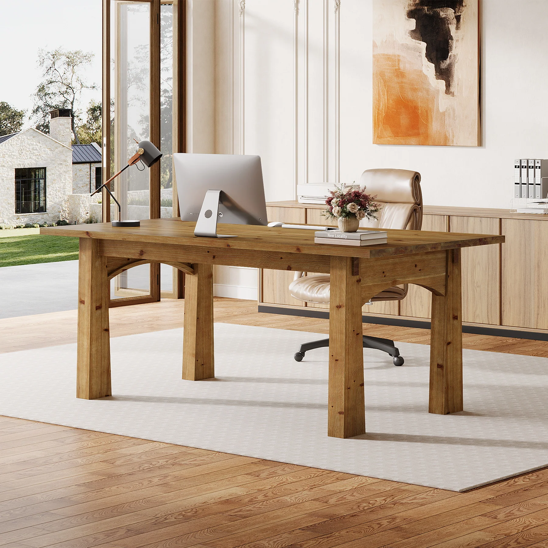 Solid Wood Executive Desk, 63" Computer Desk with Sturdy Wooden Legs - Image 4