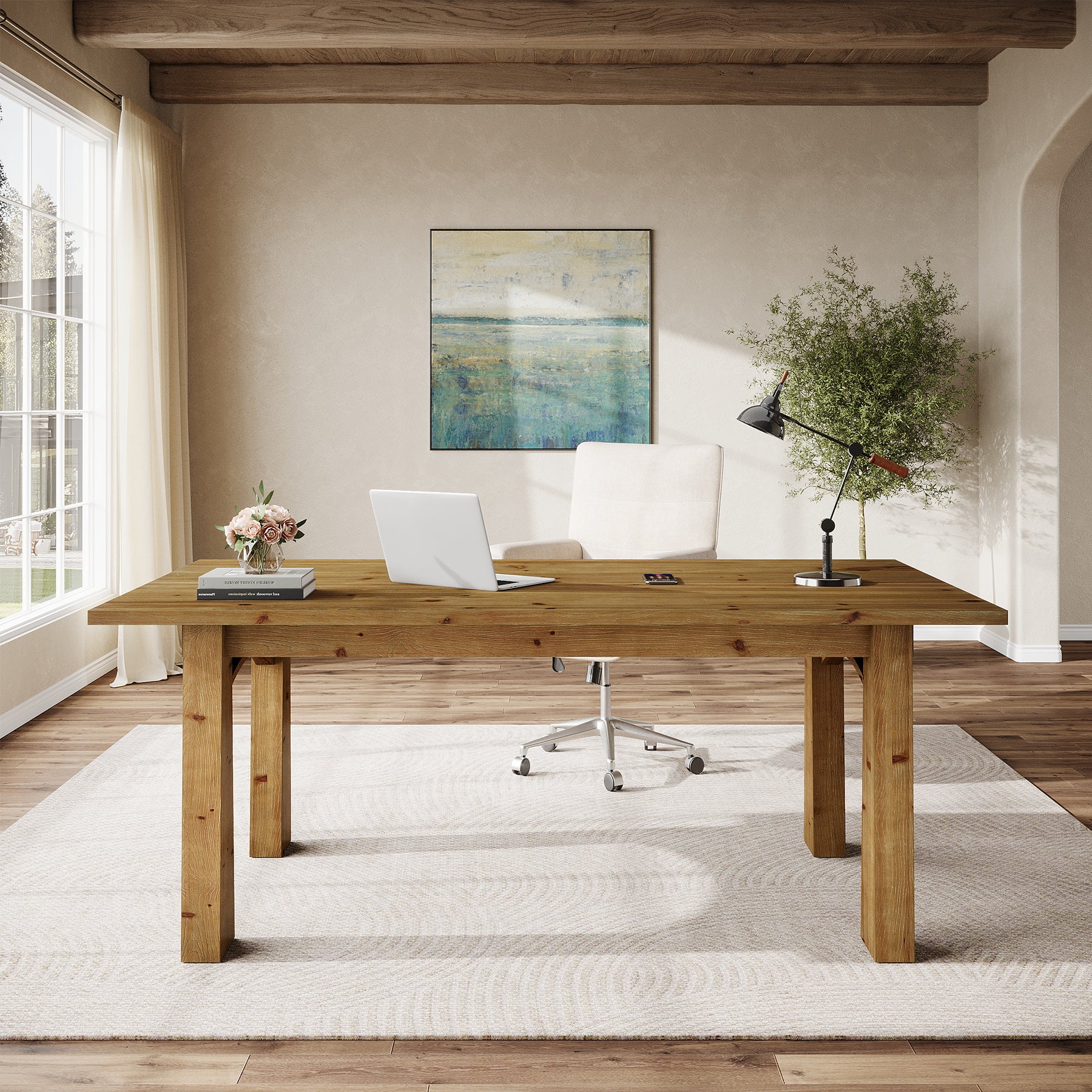 Solid Wood Executive Desk, 63" Computer Desk with Sturdy Wooden Legs - Image 5