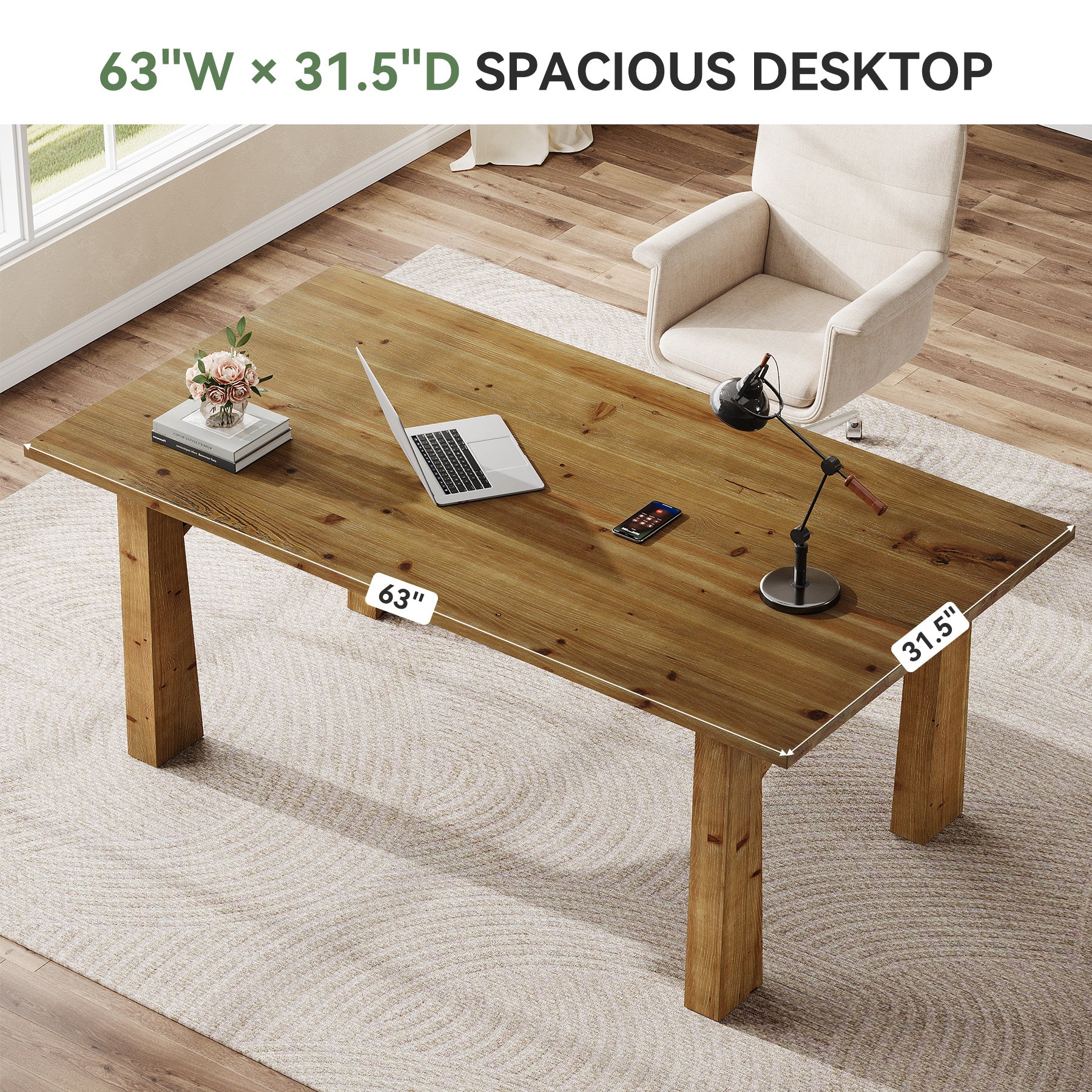Solid Wood Executive Desk, 63" Computer Desk with Sturdy Wooden Legs - Image 6