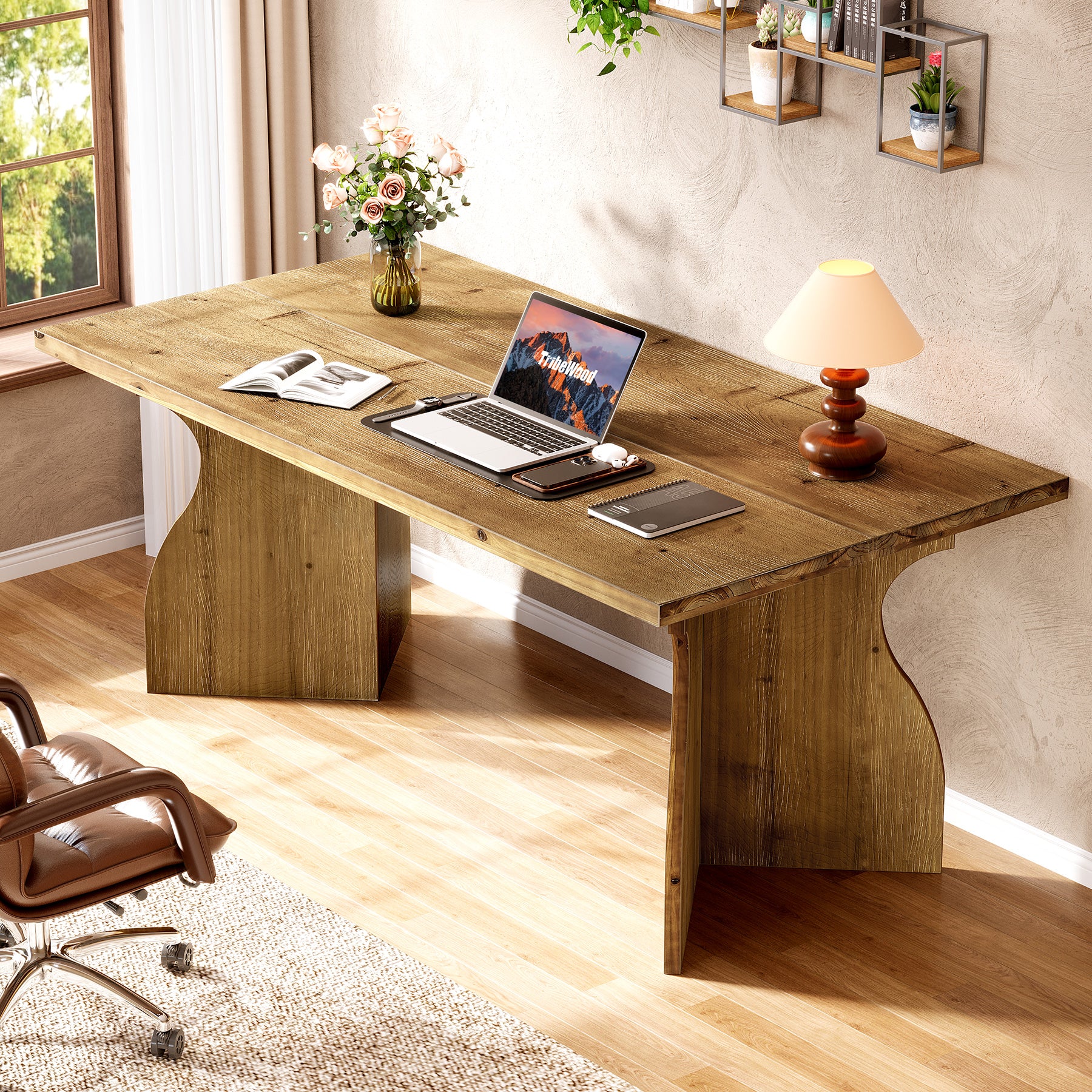 Solid Wood Executive Desk, 63" Office Computer Desk with V-Shaped Legs - Image 4
