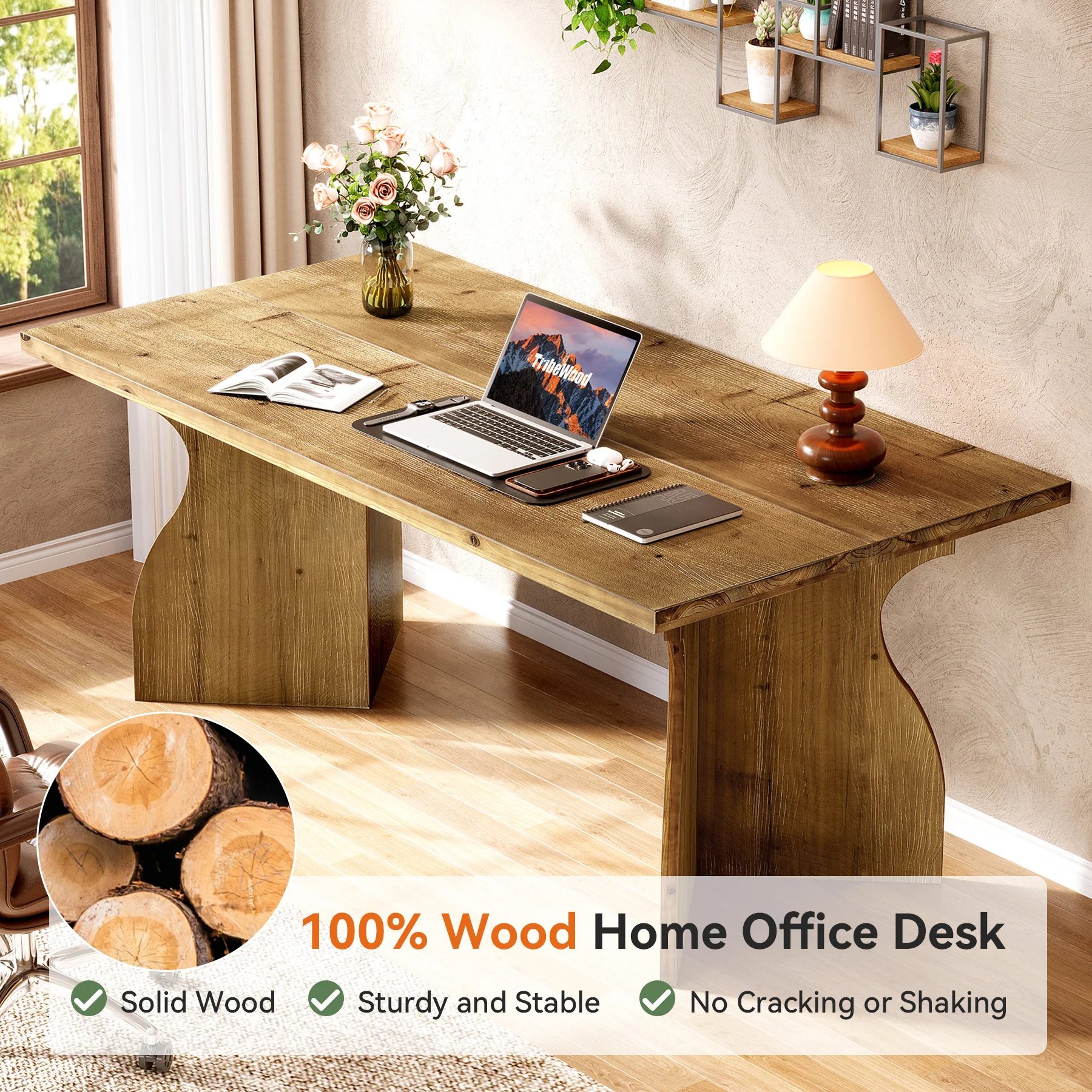 Solid Wood Executive Desk, 63" Office Computer Desk with V-Shaped Legs - Image 6