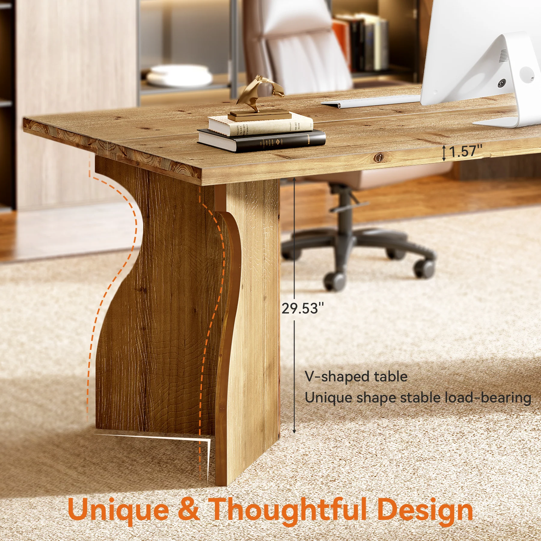 Solid Wood Executive Desk, 63" Office Computer Desk with V-Shaped Legs - Image 7