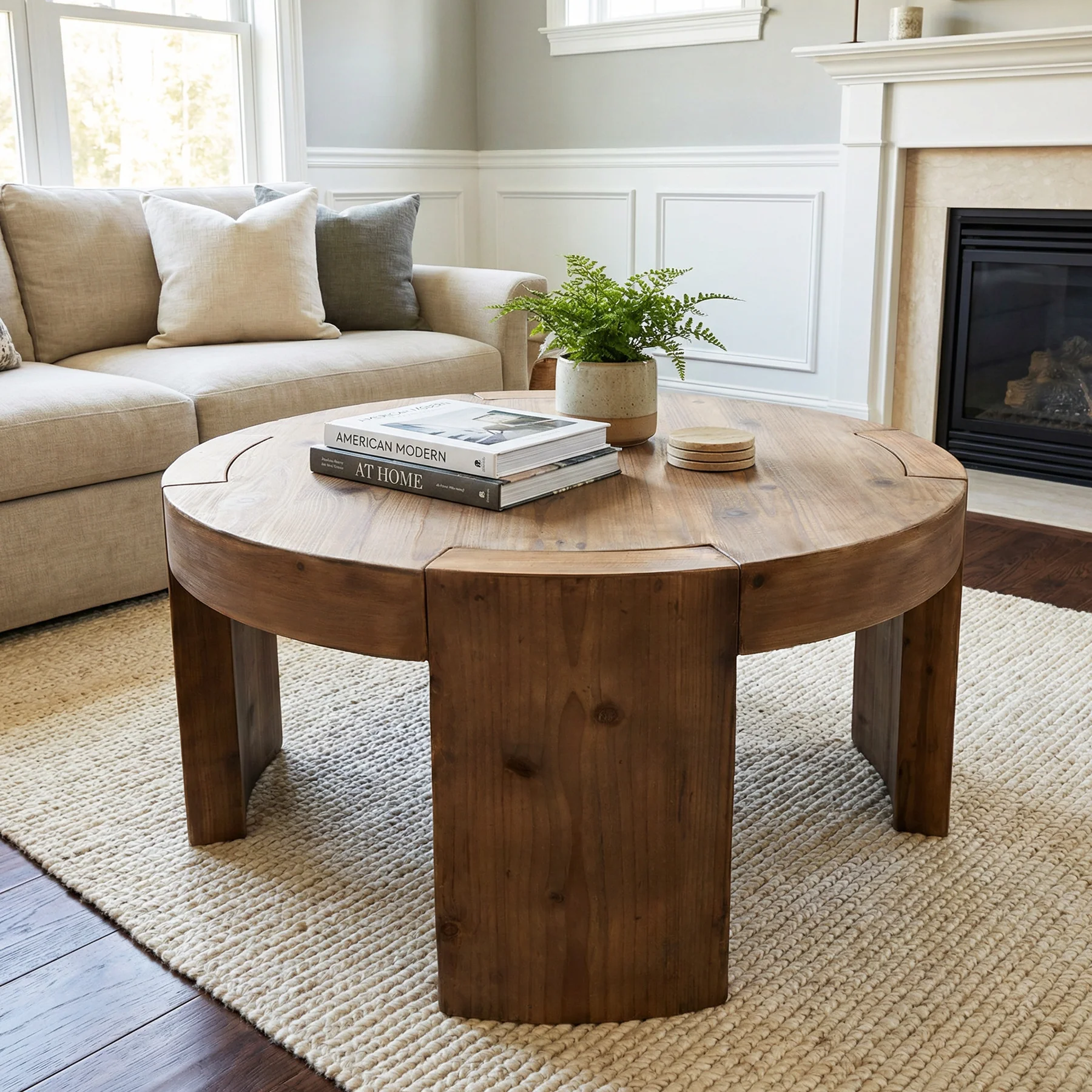 31.5" Round Coffee Table, Solid Wood Farmhouse Center Cocktail Tea Table for Living Room - Image 3