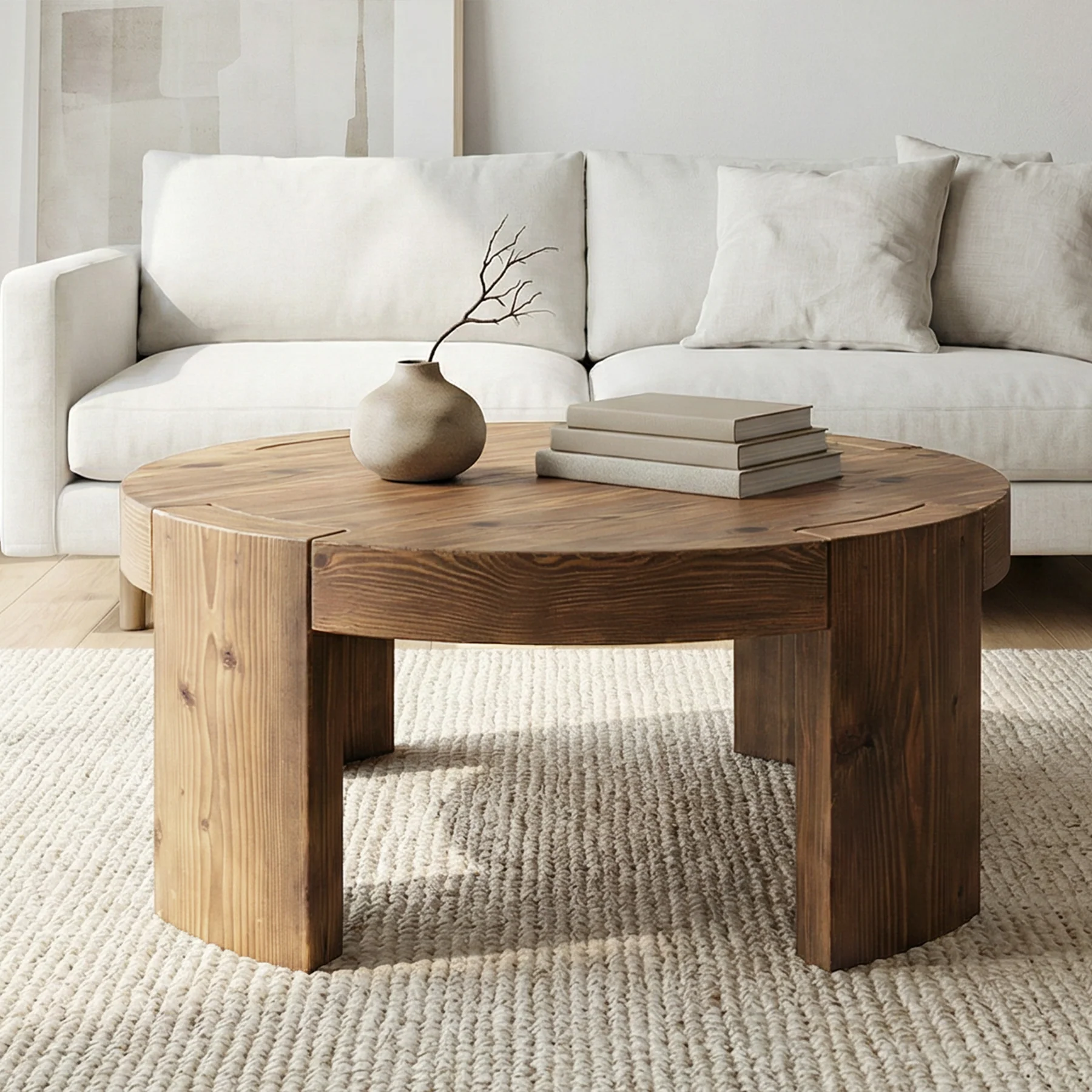 31.5" Round Coffee Table, Solid Wood Farmhouse Center Cocktail Tea Table for Living Room - Image 6