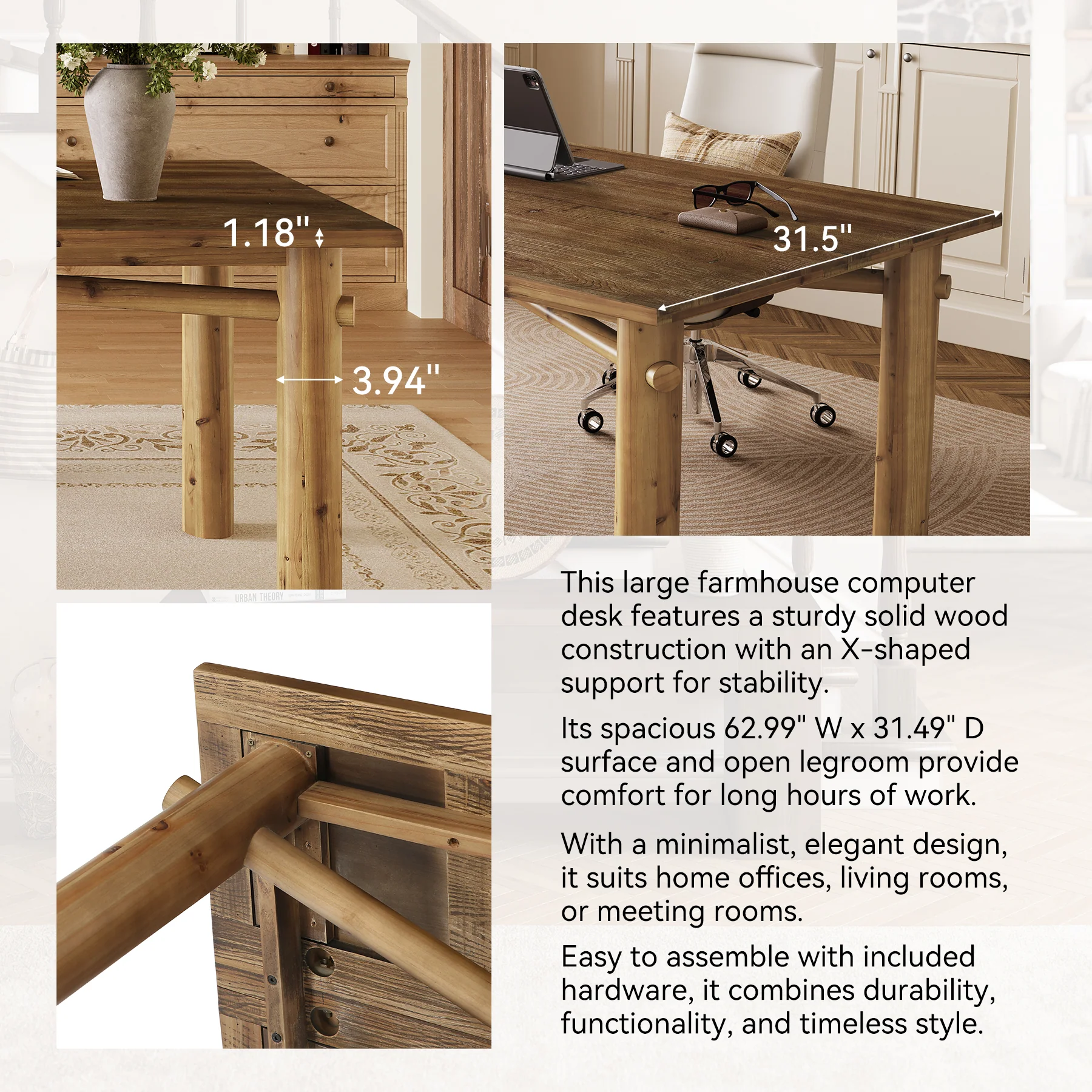 Solid Wood Home Office Desk, 63" Farmhouse Executive Computer Desk - Image 8