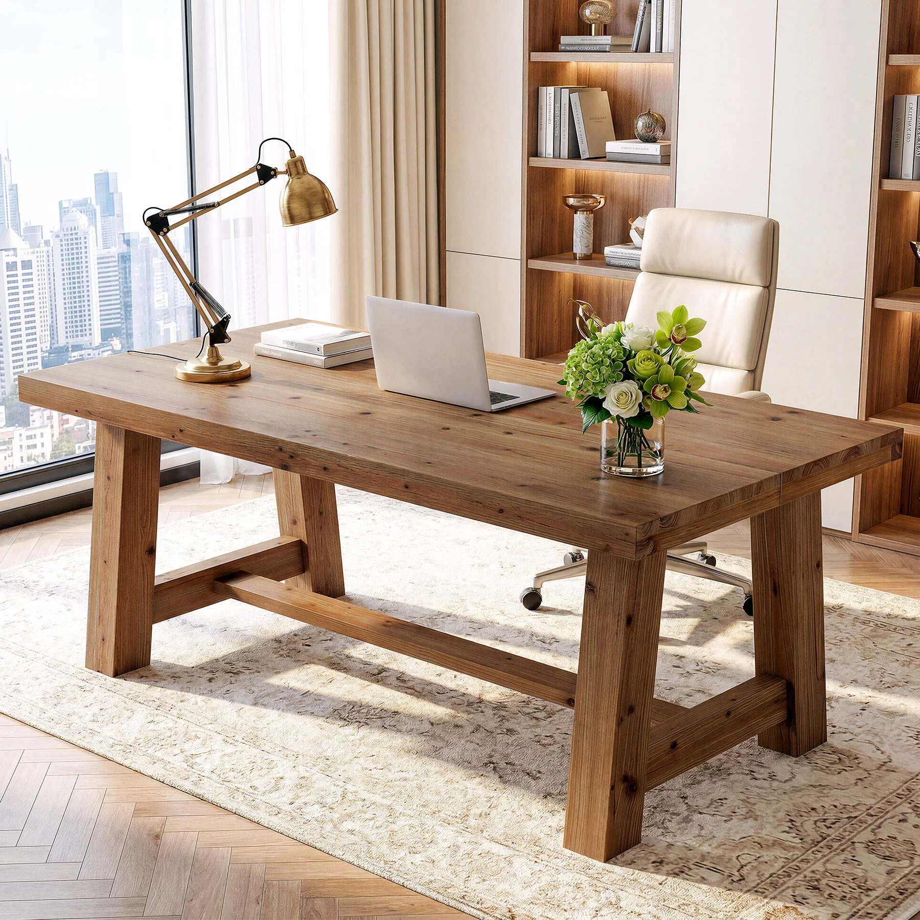 63" Farmhouse Computer Desk, Solid Wood Home Office Desk with Thick Tabletop - Image 4