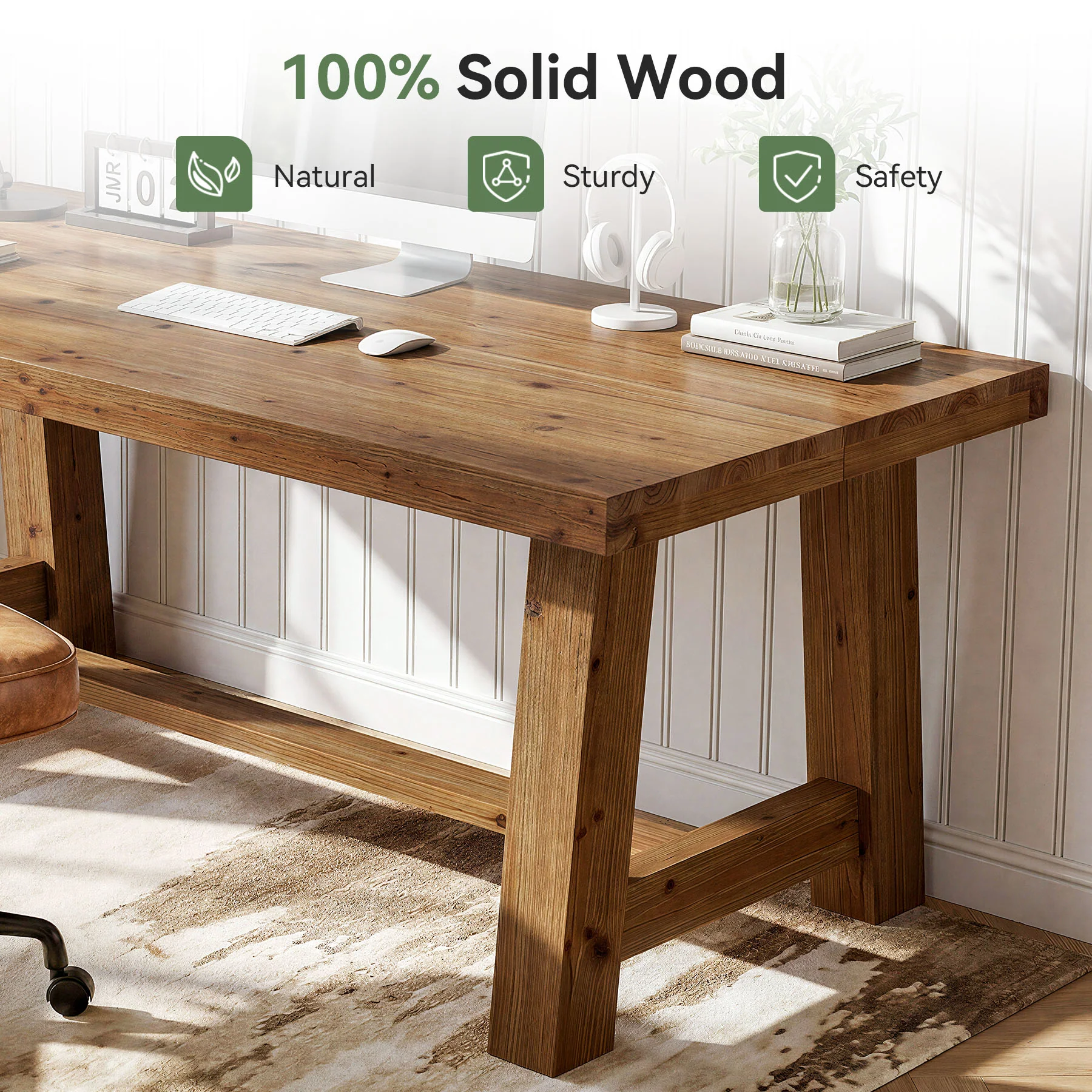 63" Farmhouse Computer Desk, Solid Wood Home Office Desk with Thick Tabletop - Image 6