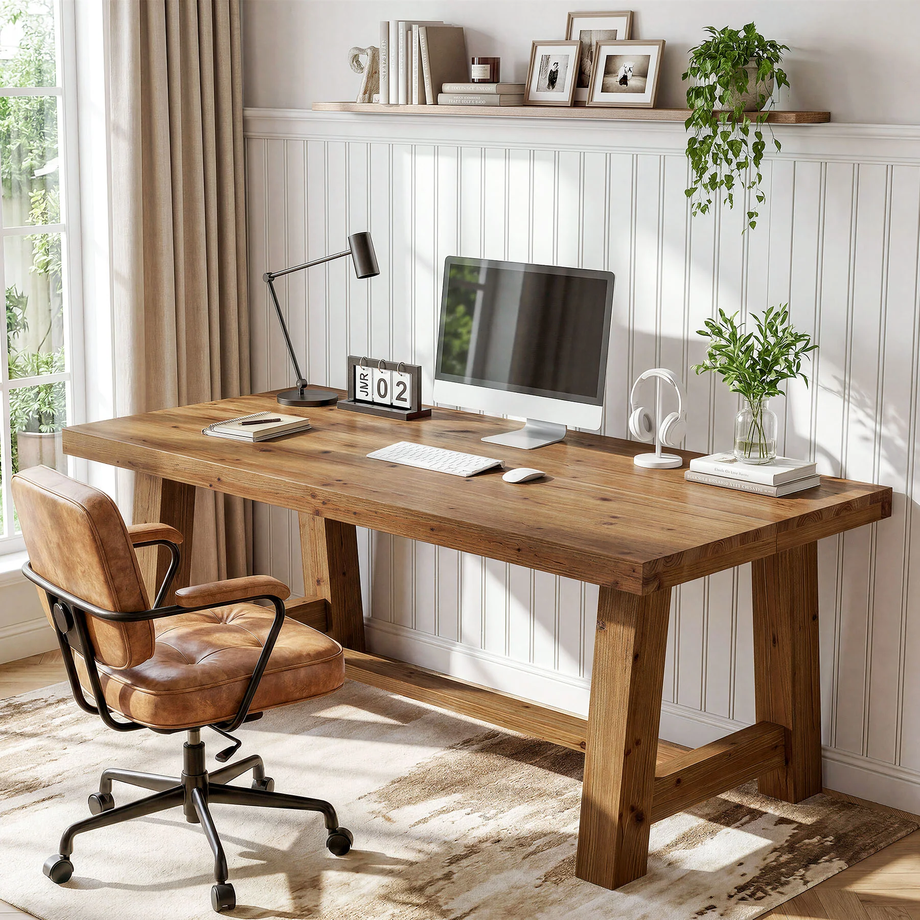 63" Farmhouse Computer Desk, Solid Wood Home Office Desk with Thick Tabletop - Image 7