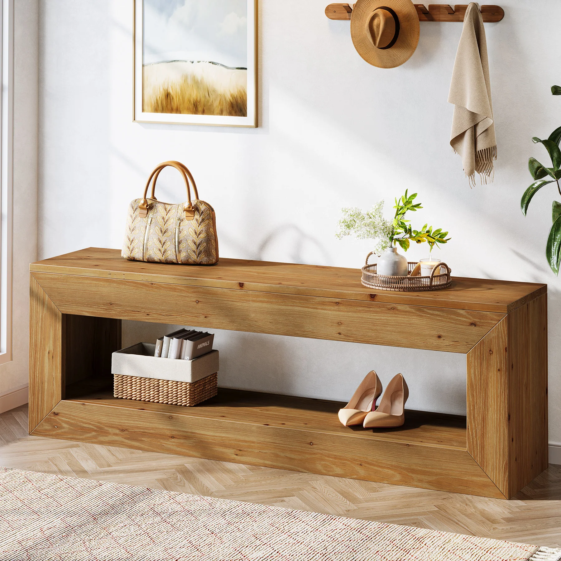 47" Farmhouse Entryway Bench, 47" Solid Wood Indoor Bench Seat with Storage - Image 10