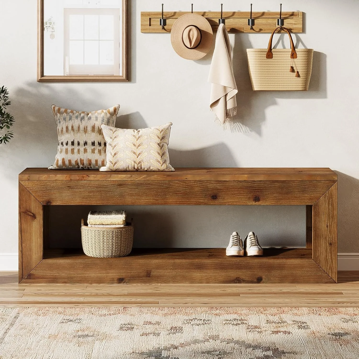 47" Farmhouse Entryway Bench, 47" Solid Wood Indoor Bench Seat with Storage - Image 3