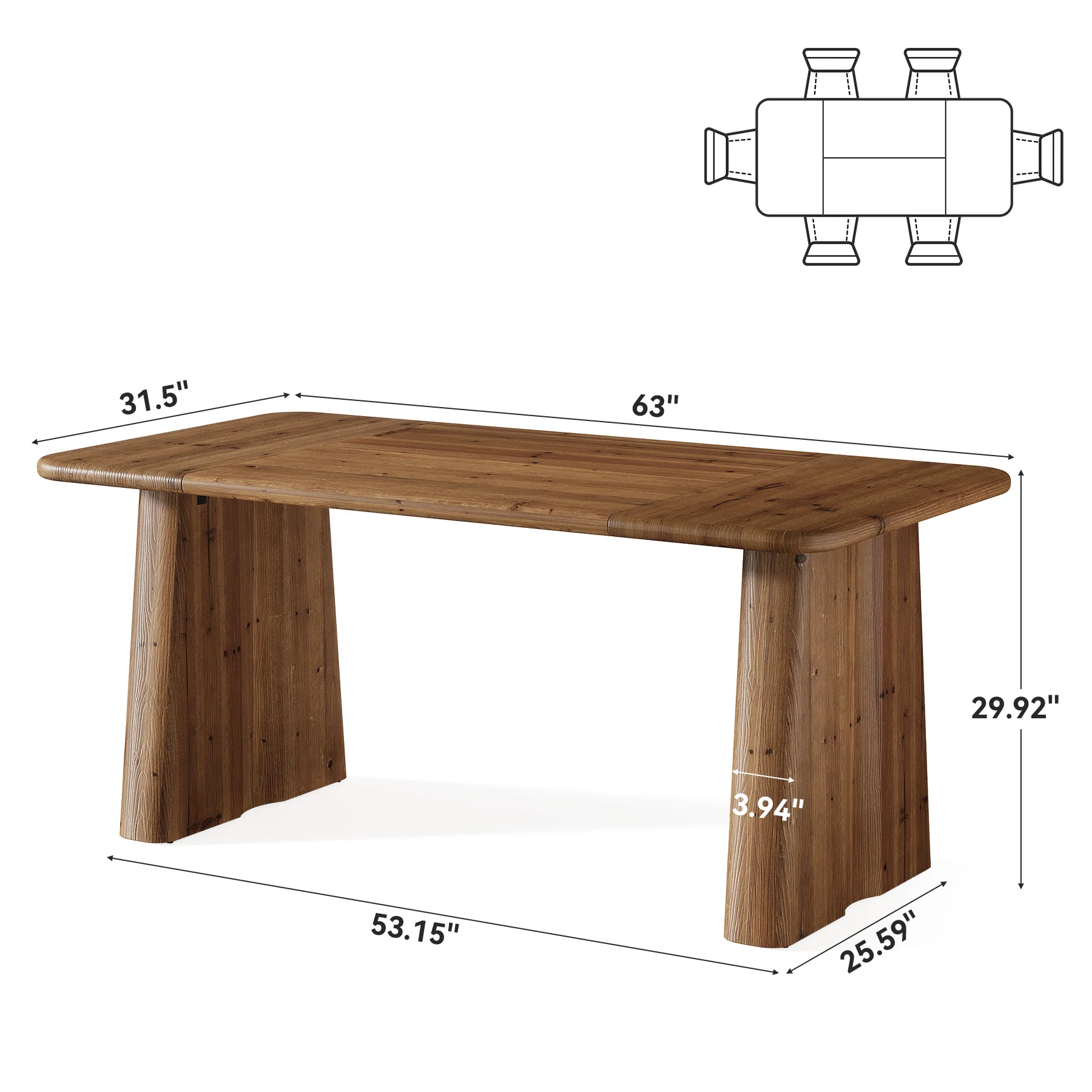 63" Rectangular Dining Table, Solid Wood Kitchen Dinner Table With Double Pedestal Legs - Image 2