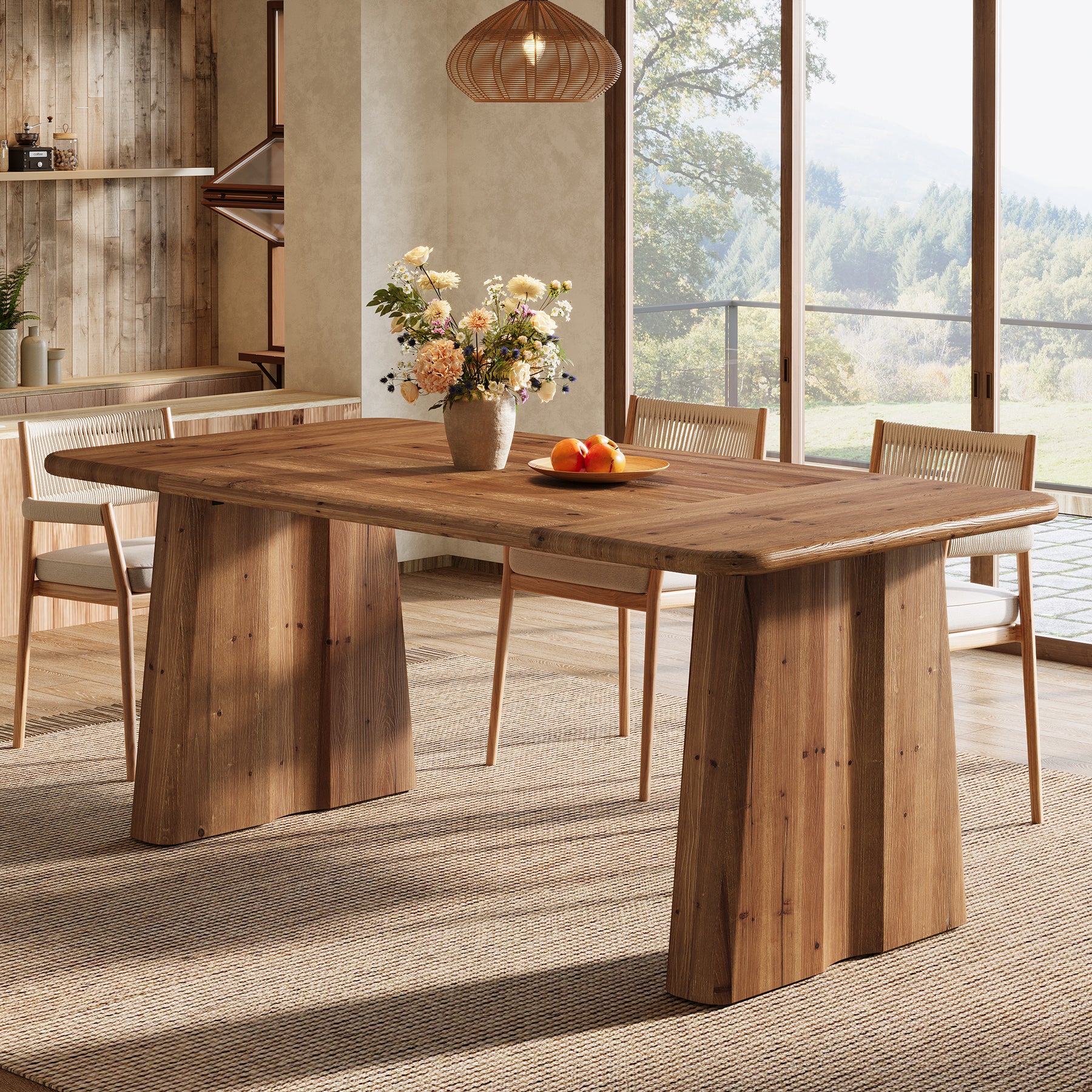 63" Rectangular Dining Table, Solid Wood Kitchen Dinner Table With Double Pedestal Legs - Image 3